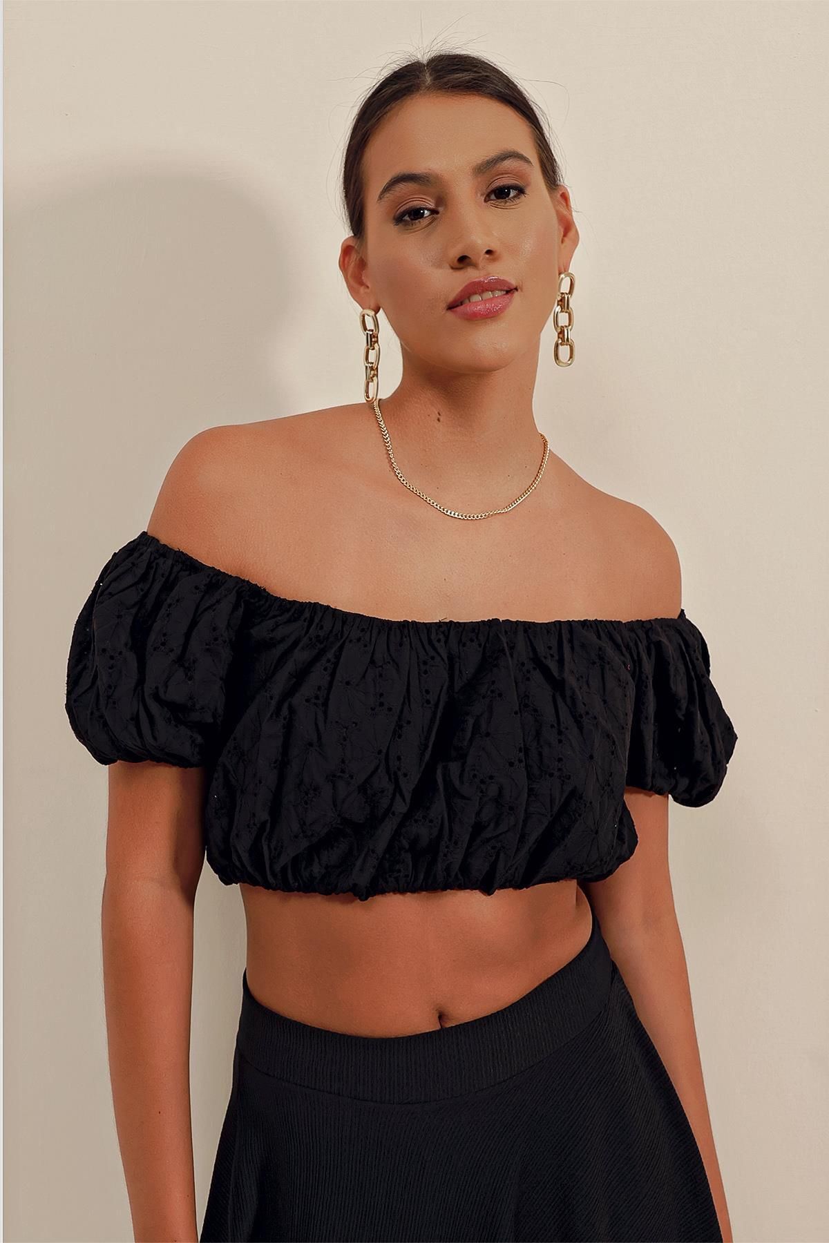 MODAMAİSA Fistolu Straplez Bluz - Siyah