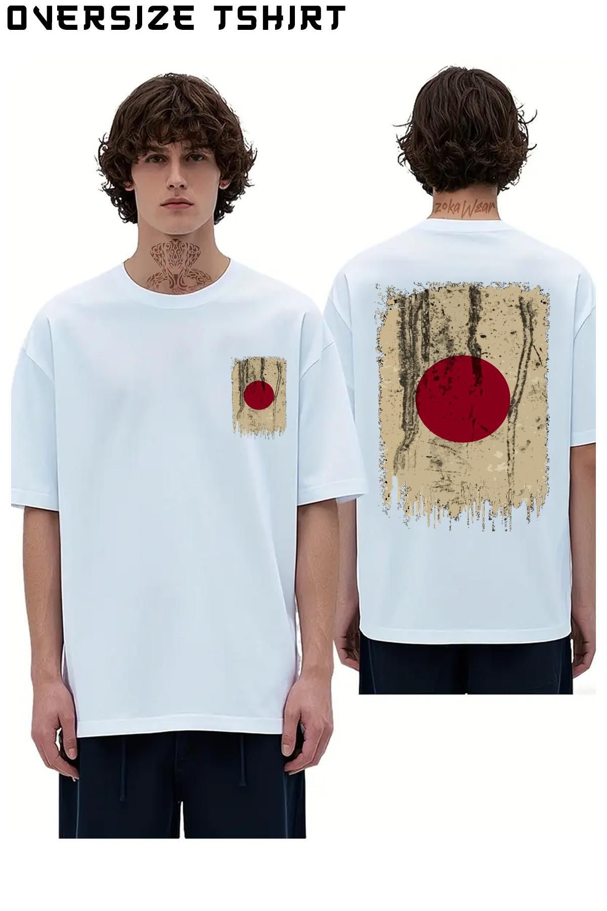 ZOKAWEAR Japan-Vintage-Grunge-Flag Sırt Baskılı Oversize Tişört