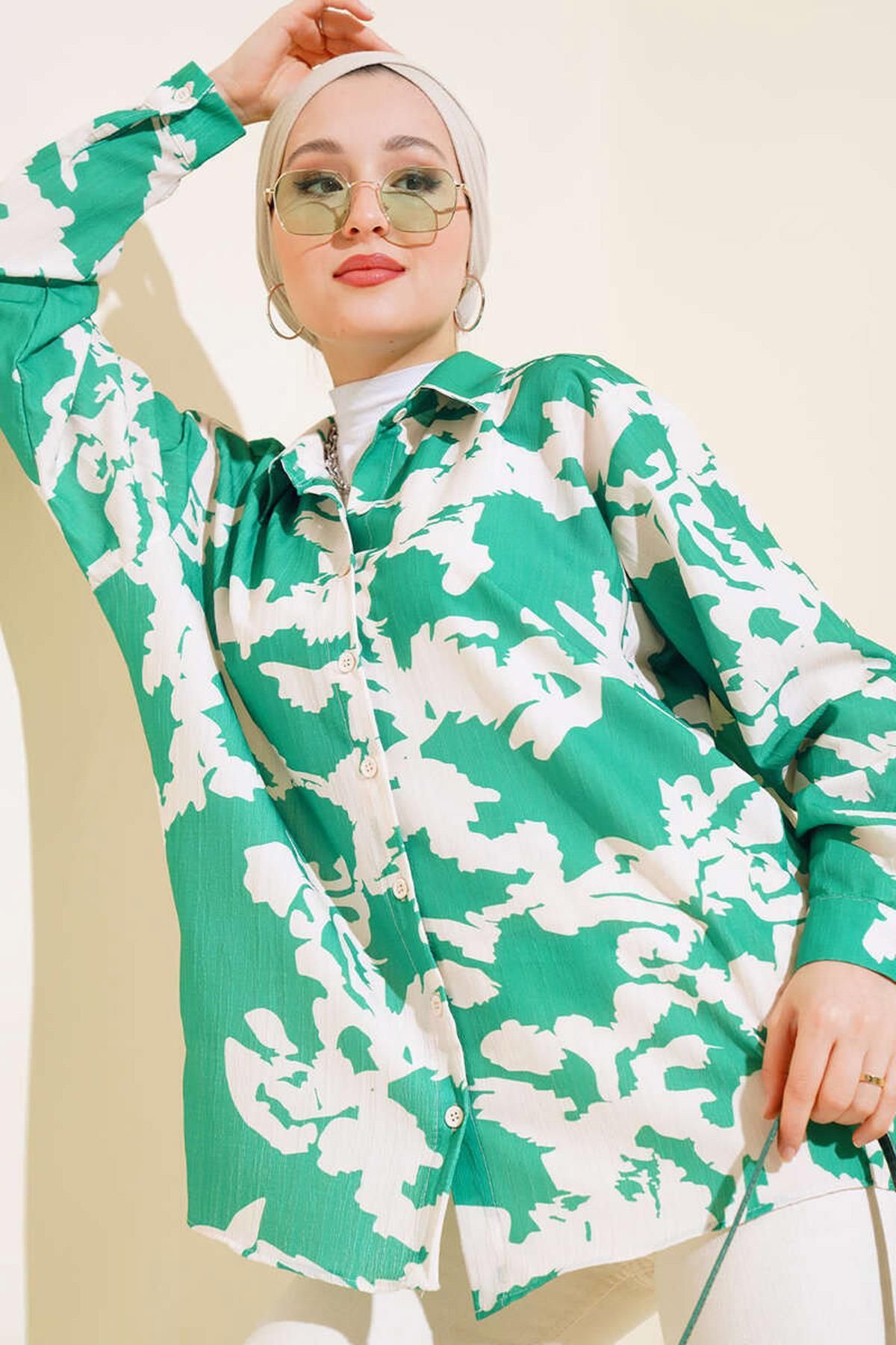 MODAMAİSA Desenli Uzun Oversize Gömlek - Yeşil