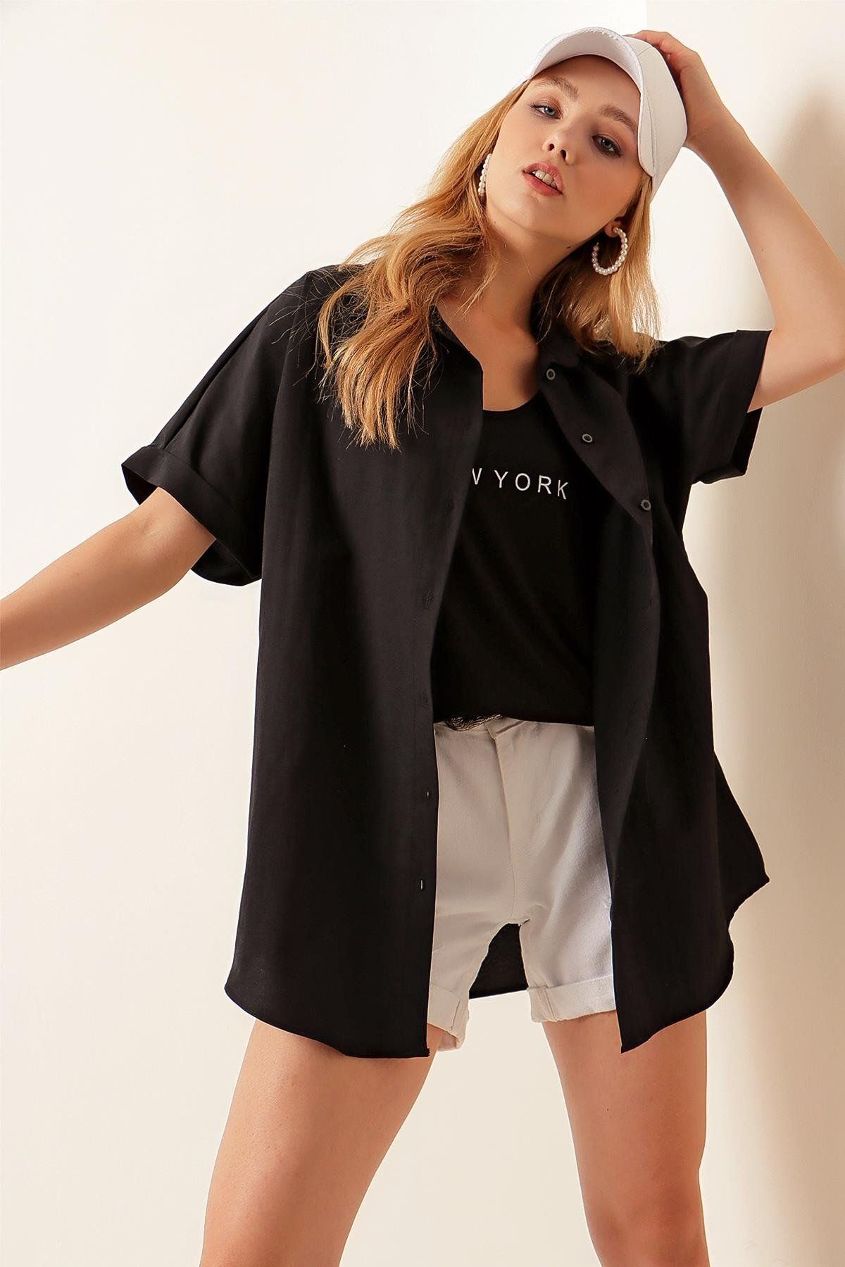 MODAMAİSA Oversize Kısa Kollu Gömlek - Siyah