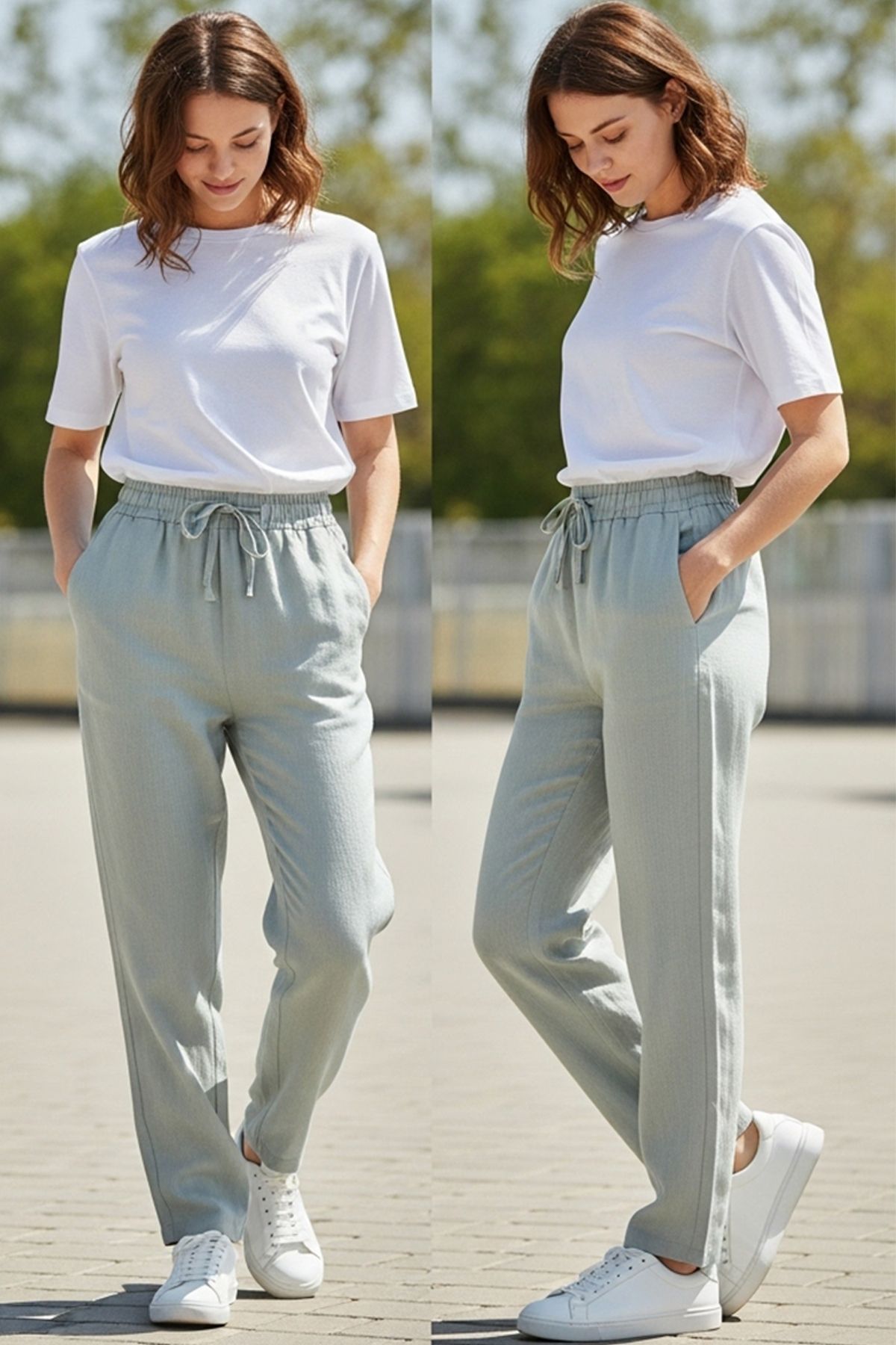 DARK AND BRIGHT Günlük Keten Beli Bağcıklı Kadın Pantolon Basic Keten Jogger / Harem Pantolon Kadın
