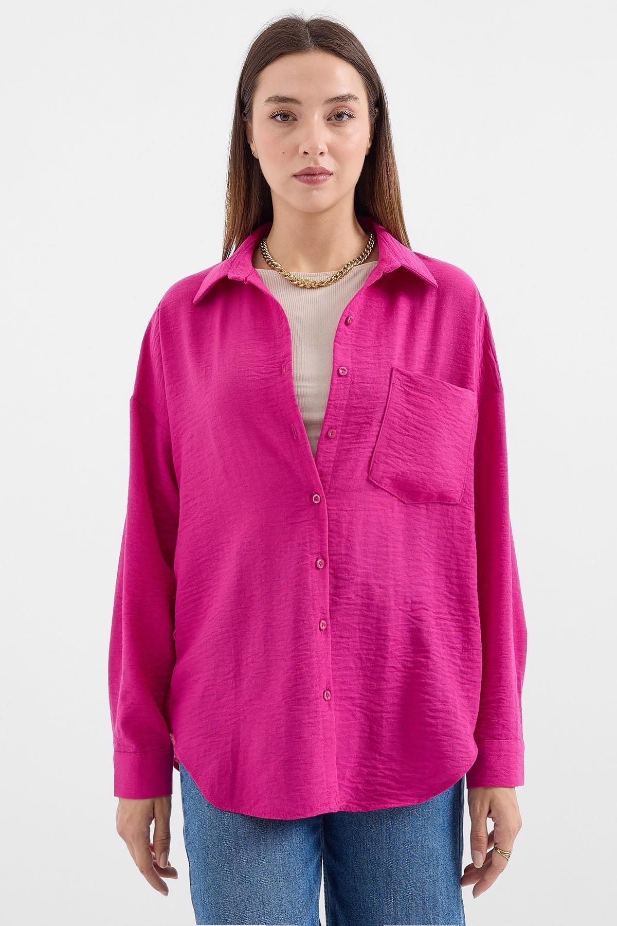 MODAMAİSA Tek Cepli Oversize Keten Gömlek - Koyu Pembe