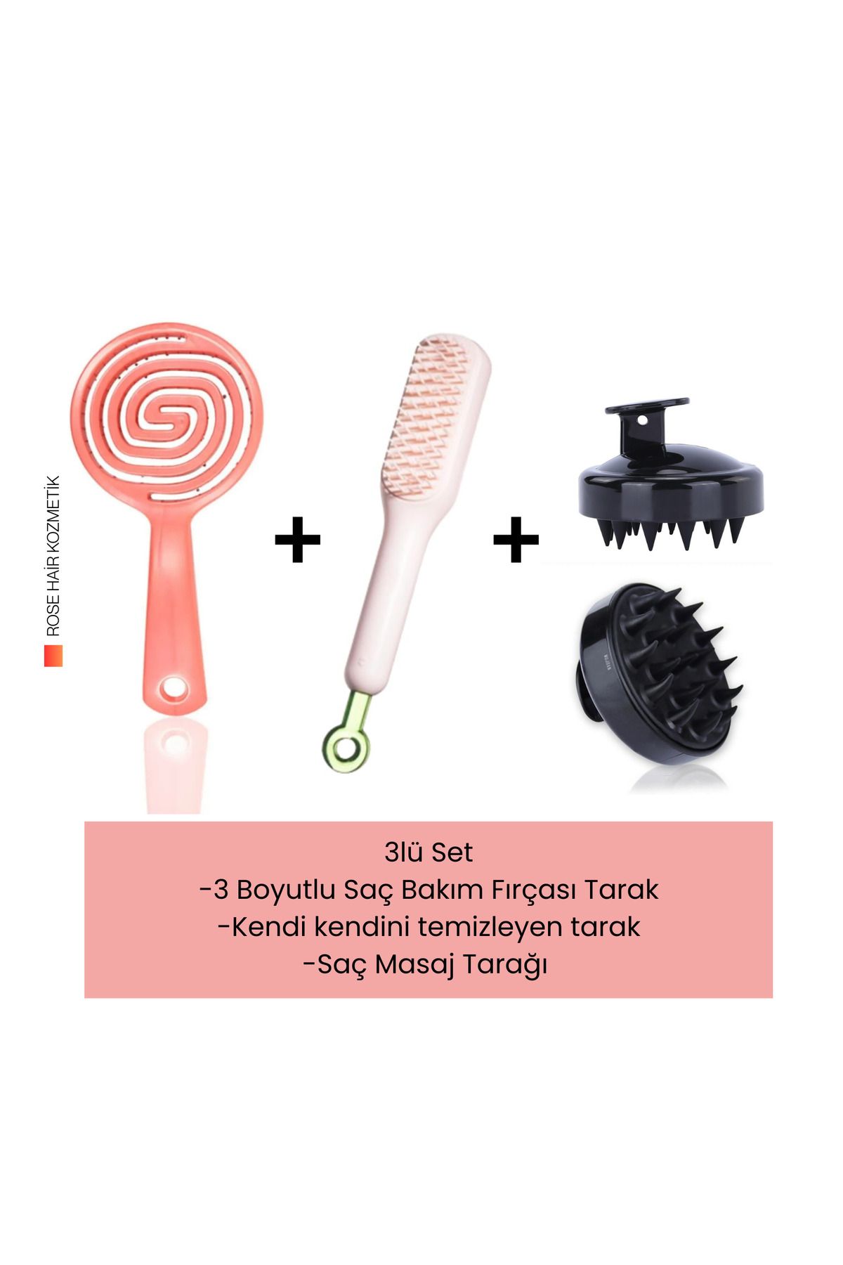 ROSE HAİR üç boyutlu saç bakım tarağı + saç masaj tarağı + kendi kendini temizleyen fırça