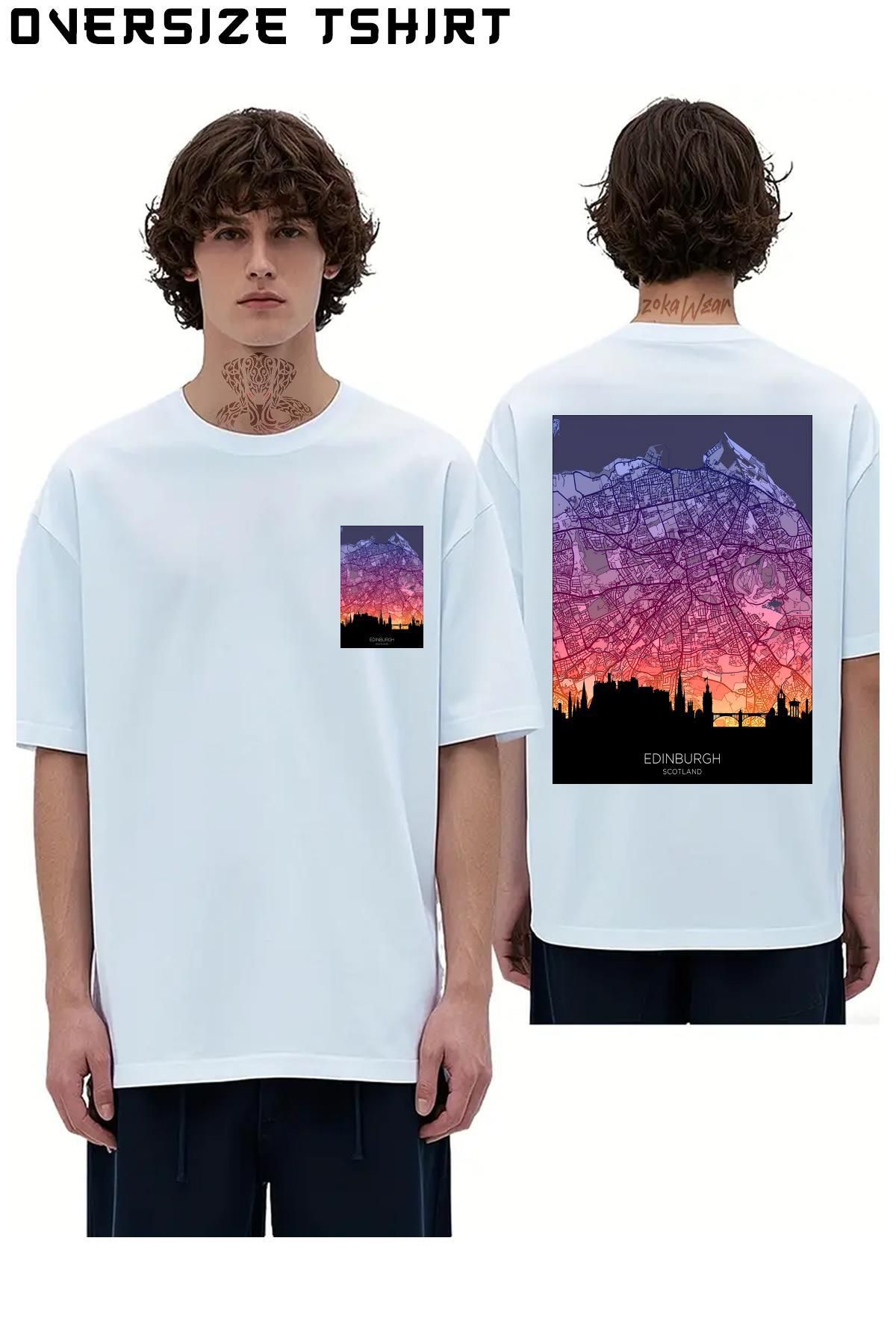 ZOKAWEAR Edinburgh-Skyline-Map Sırt Baskılı Oversize Tişört