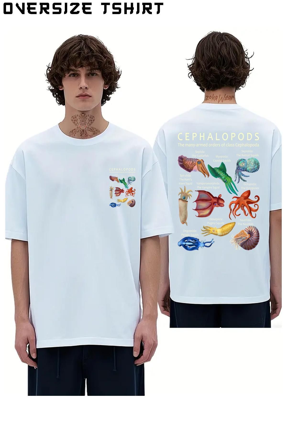 ZOKAWEAR The-Cephalopod-Octopus,-Squid,-Nautilus,-And-Cuttlefish Sırt Baskılı Oversize Tişört