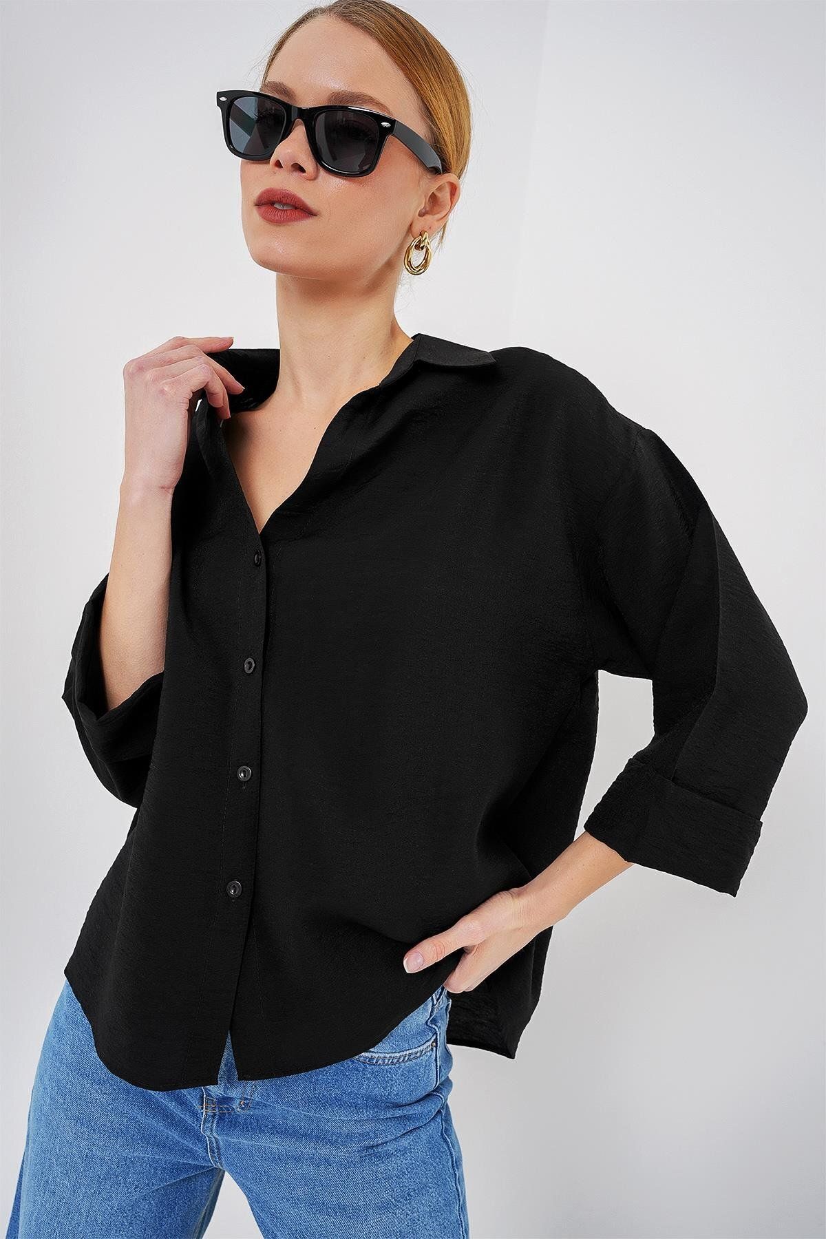MODAMAİSA Kadın Oversize Kısa Kol Gömlek - Siyah