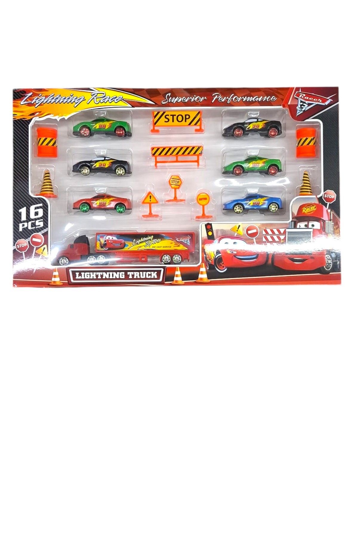 RACER LİGHTNİN RACER TIR SETİ TOY-49 TRAFİK LEVHALI 6 ADET METAL ARABA 16 PARÇA 3+