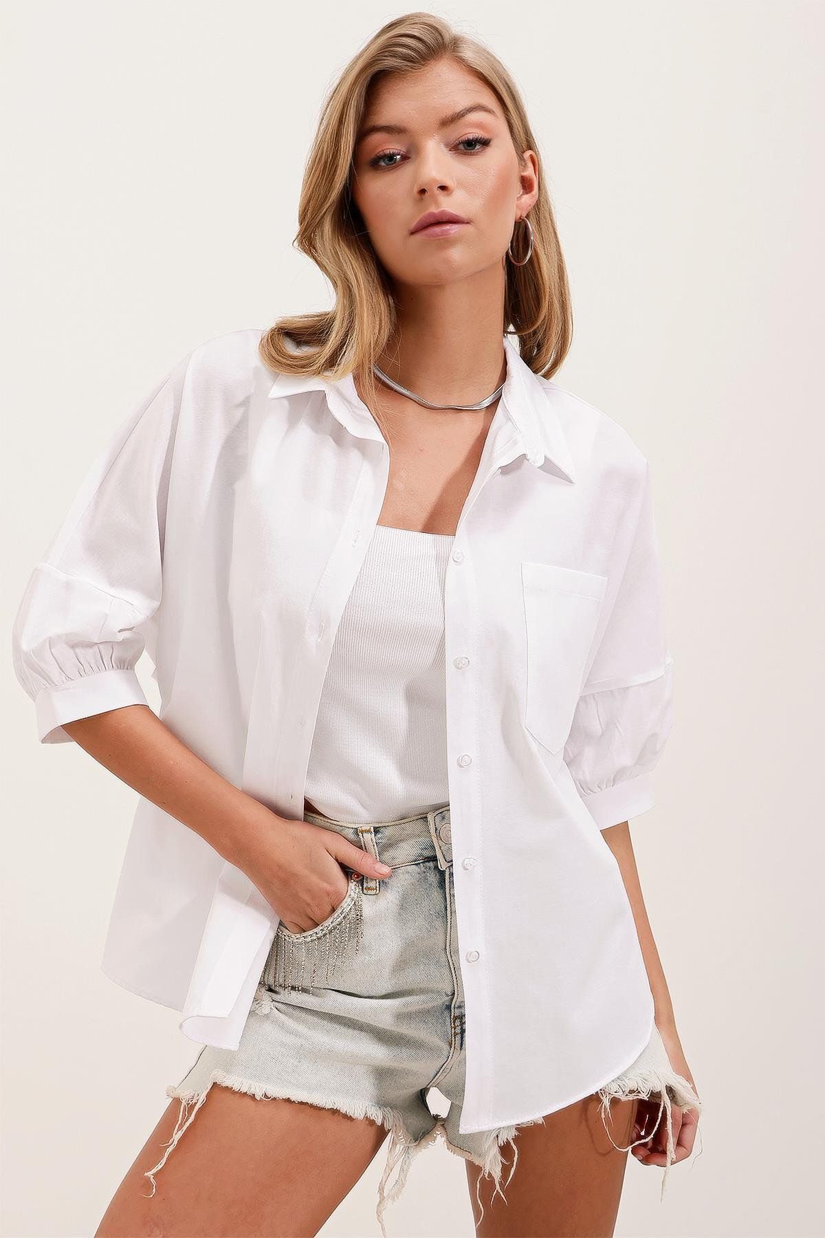 MODAMAİSA Oversize Kısa Kol Basic Gömlek - Beyaz