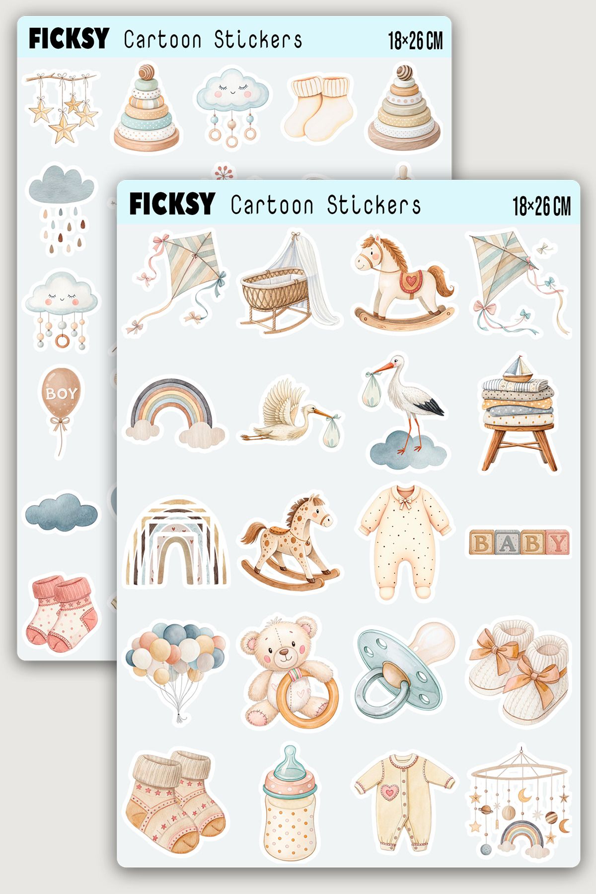 Ficksy Boho Tarzı Baby Shower Sticker - Bebek Çocuk Odası Sticker Seti - 50 Adet Etiket Çıkartma