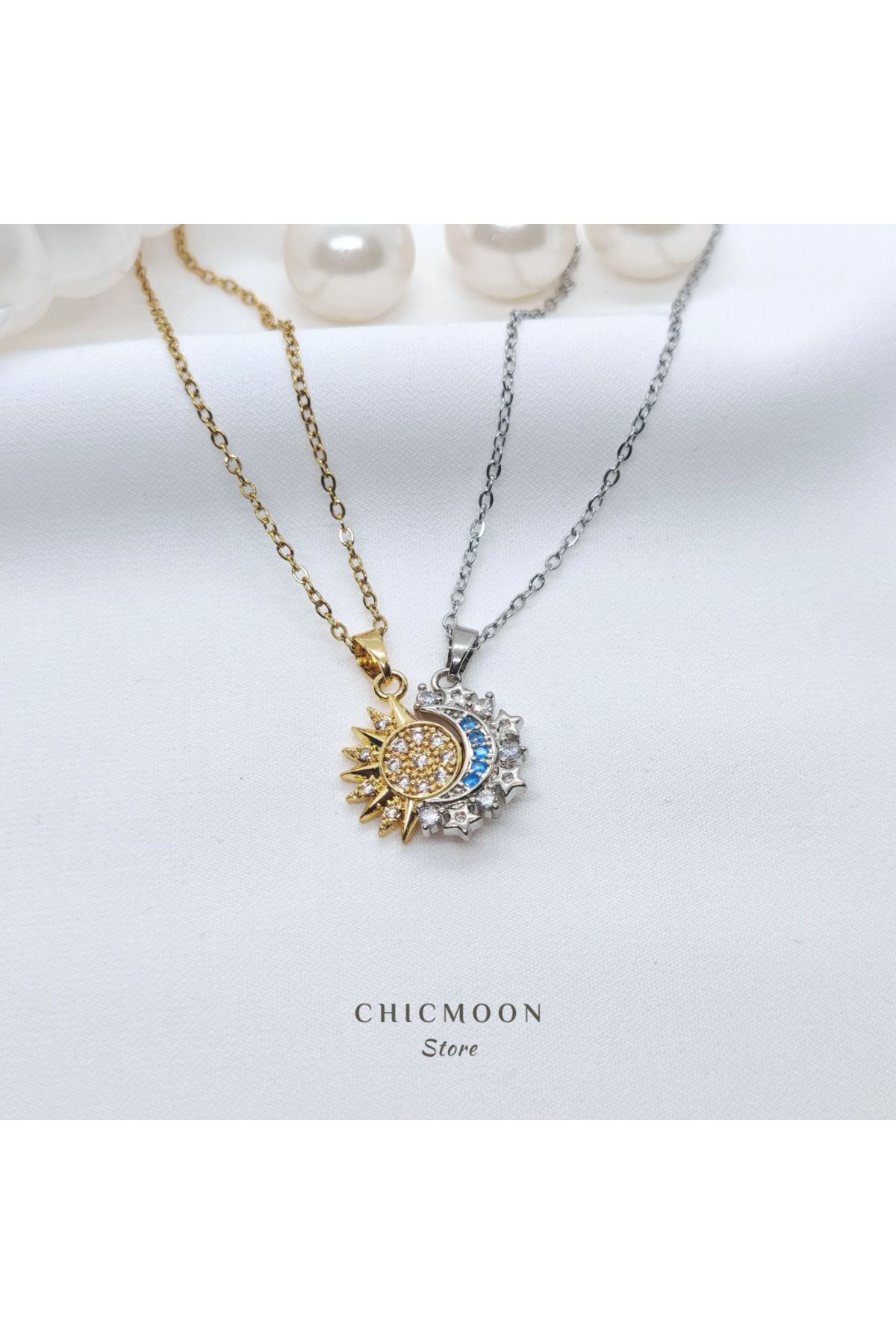 CHICMOON STORE Çelik Altın Rengi Mıknatıslı Güneş Ay Kolye