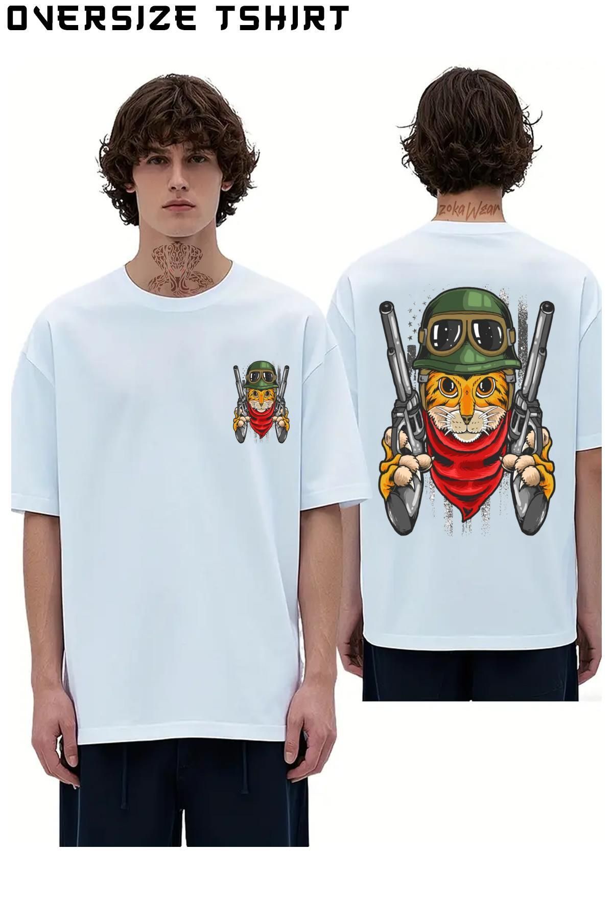 ZOKAWEAR Asker-Kedi Sırt Baskılı Oversize Tişört