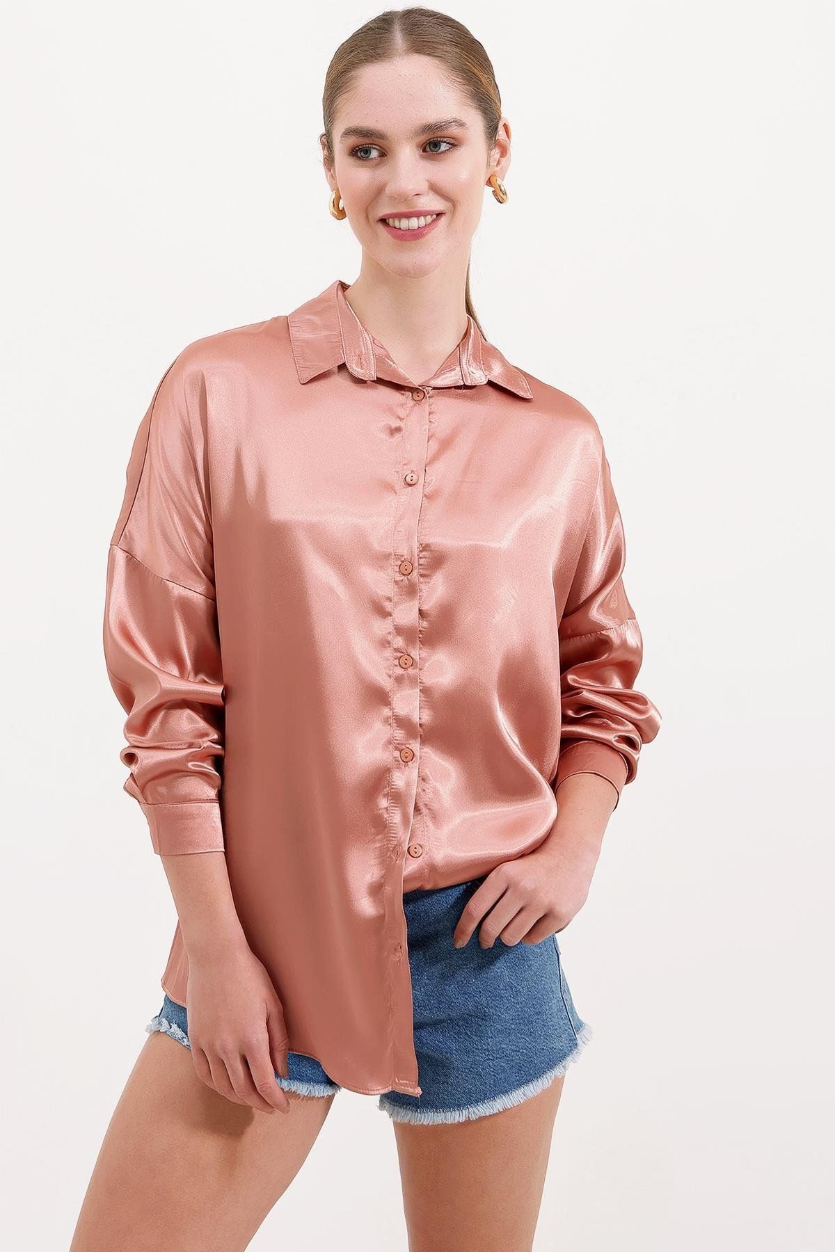 MODAMAİSA Oversize Saten Gömlek - Camel