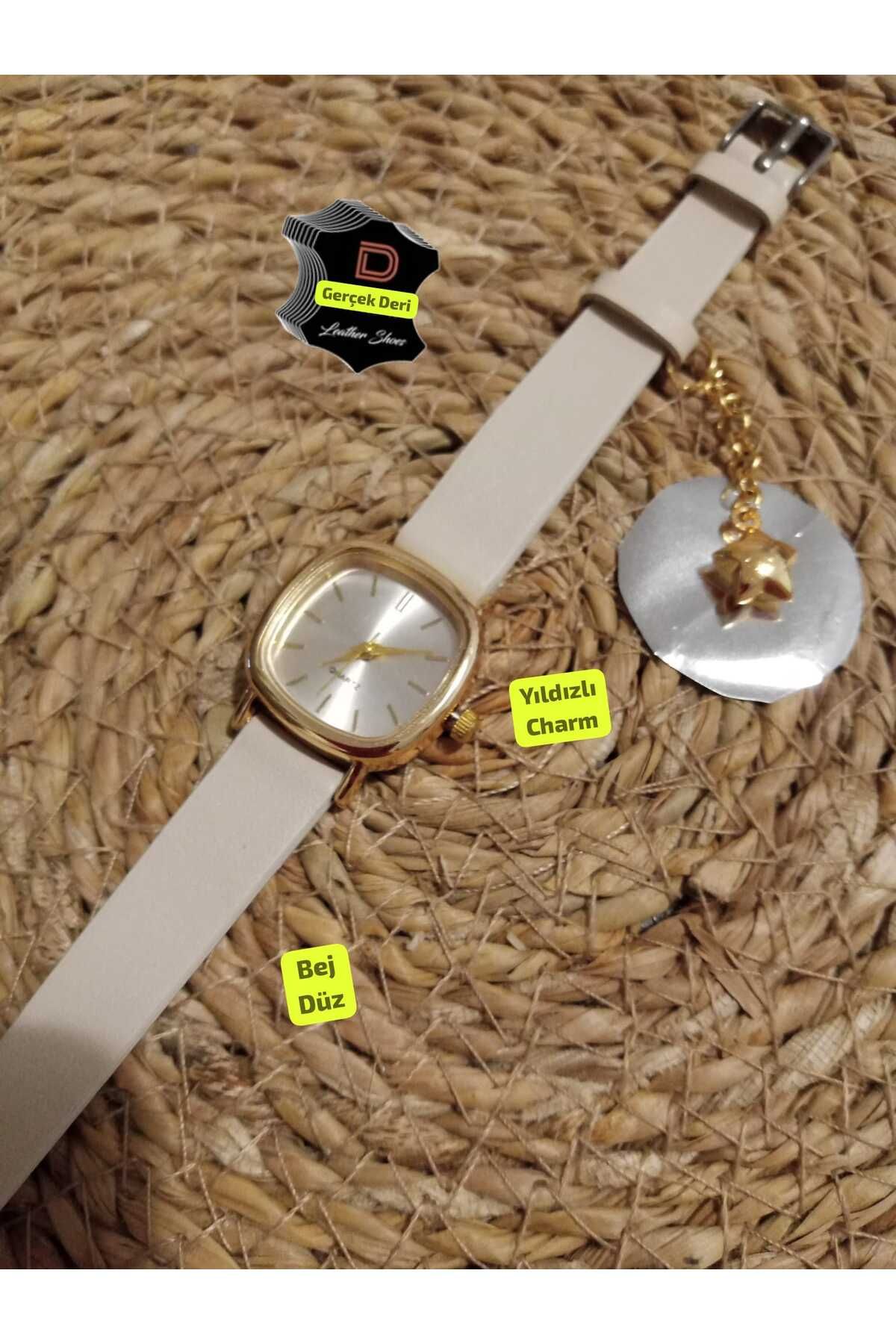 Brality Charm Yıldızlı.. GERÇEK DERİ Bej Kordon Vintage Oval Kare Kadın Kol Saati.. Gold Kasa... 0021