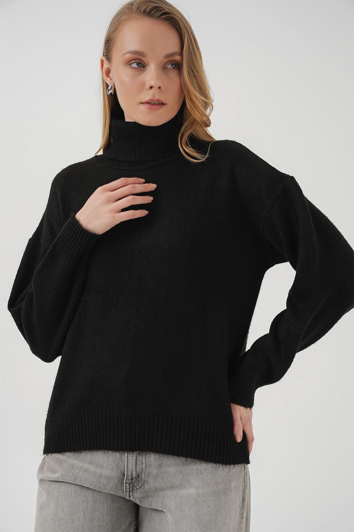 MODAMAİSA Kadın Balıkçı Yaka Oversize Triko Kazak - Siyah