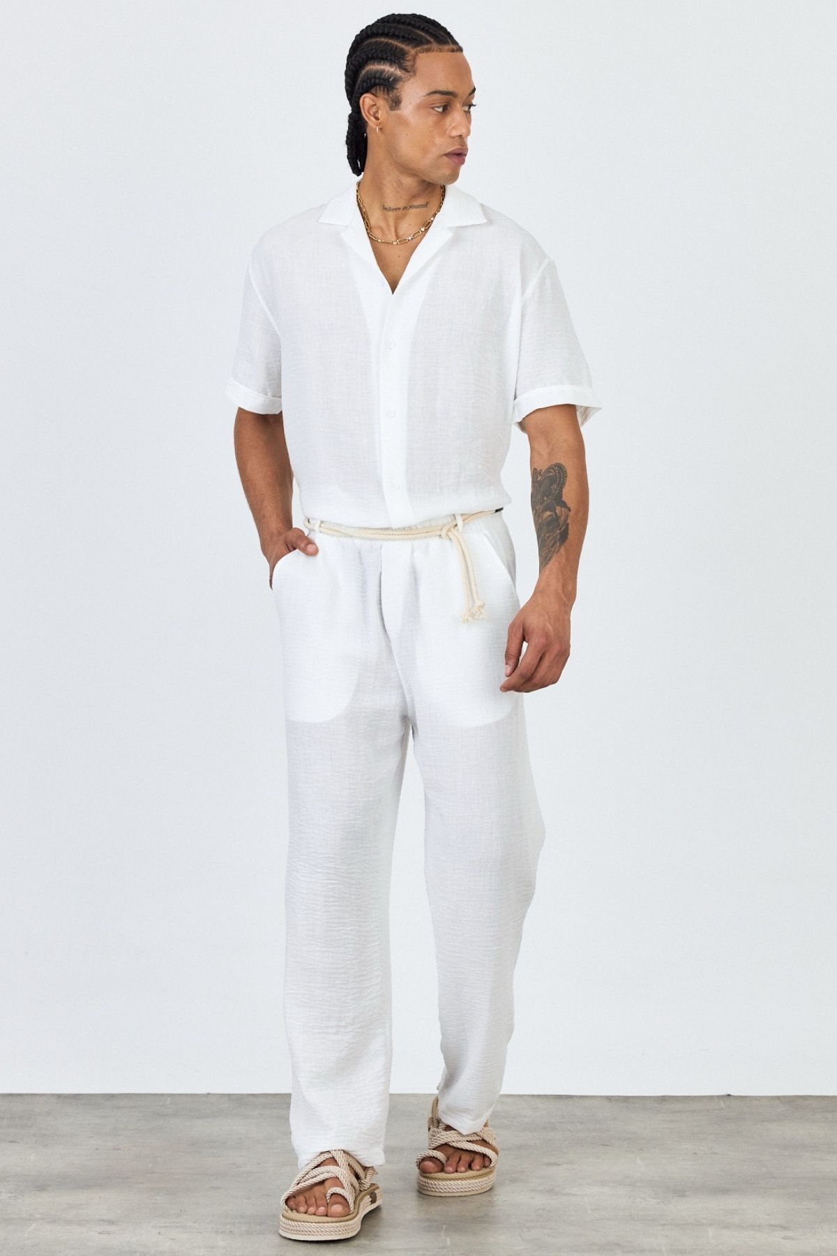MADZEYMODA Premium Erkek Yazlık Rahat Kalıp Kısa Kol Gömlek & Pantolon Alt Üst Beyaz Keten Takım LS-5698