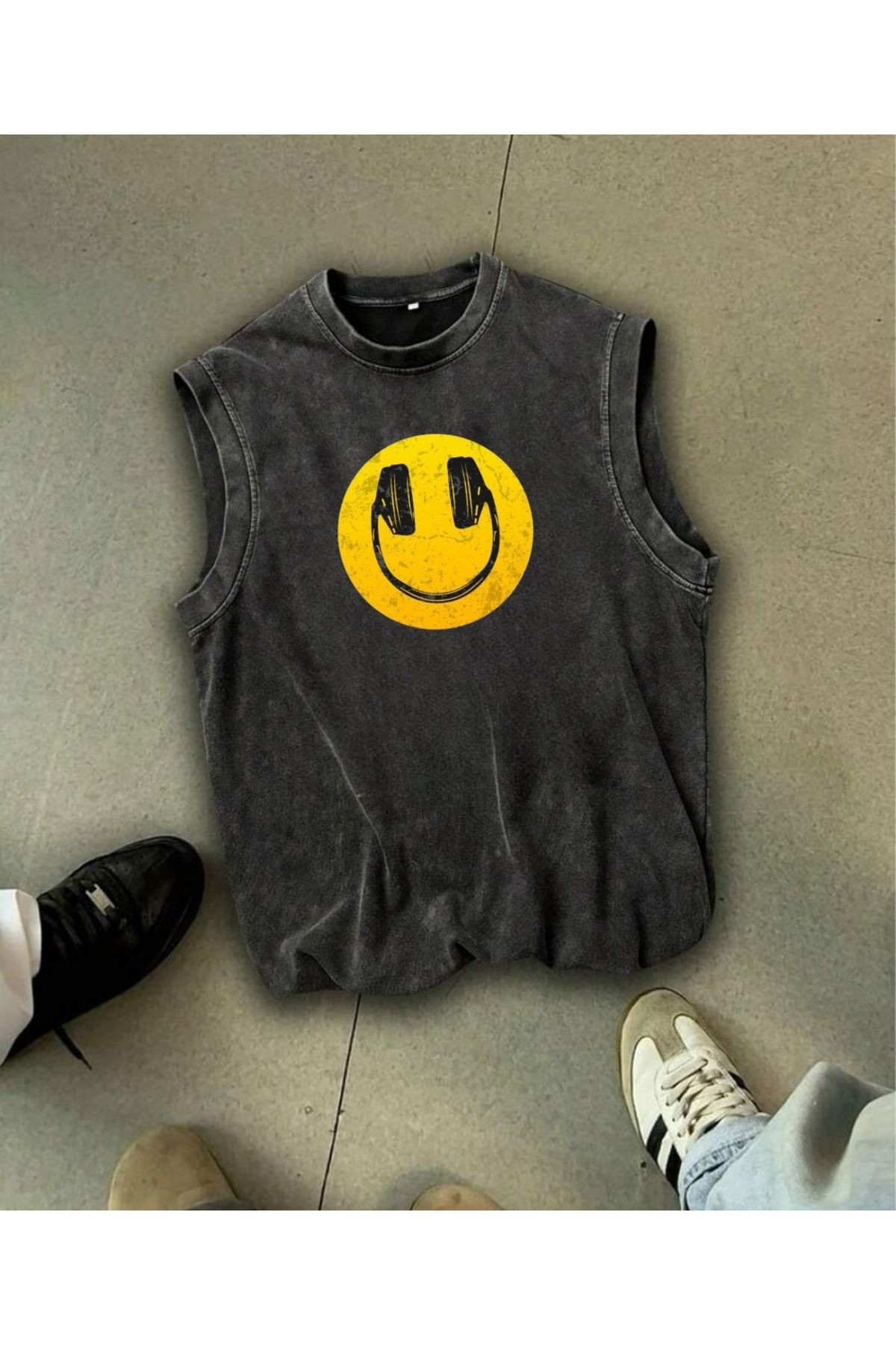 Touz Moda Smile Kolsuz Atlet Bisiklet Yaka Yıkamalı Vintage Unisex Oversize T-Shirt