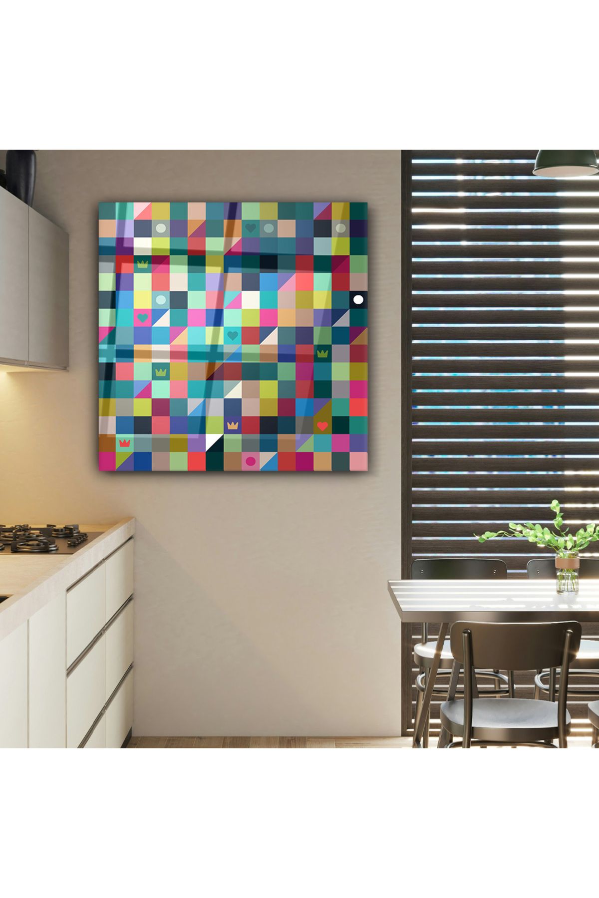 OLEARTISTIC Cam Tablo Geometrik Soyut Sanat Temalı Lüks | Pop Art Esintili Renkli | Modern | Geometrik
