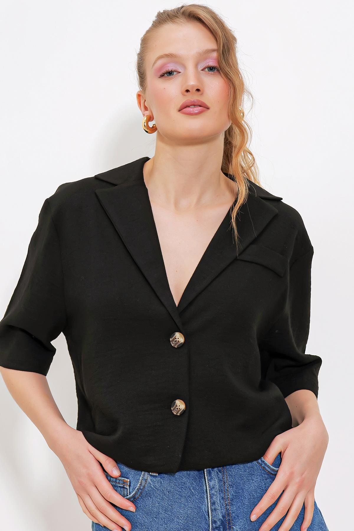 MODAMAİSA Kadın Siyah Çift Düğmeli Oversize Crop Keten Ceket