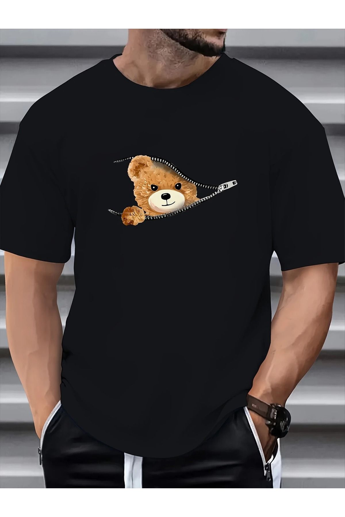WOODROFFE Erkek Fermuarlı Ayı Grafik Baskılı T-shirt Oversize Salaş Boyfirend