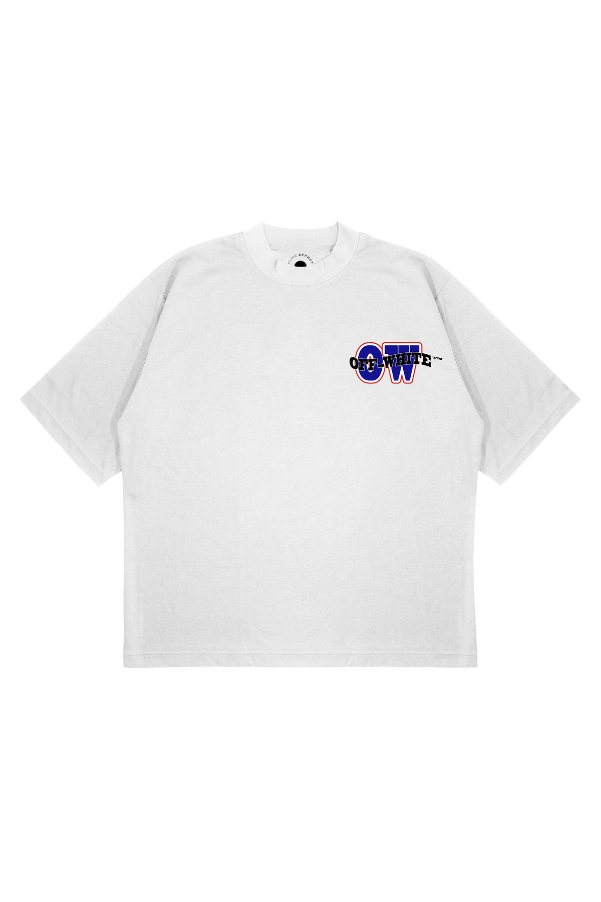 PURE EFFECT Unisex Oversize OFF WHITE OW MAVI Baskılı Boxy Fit Kalın Kumaşlı T-shirt