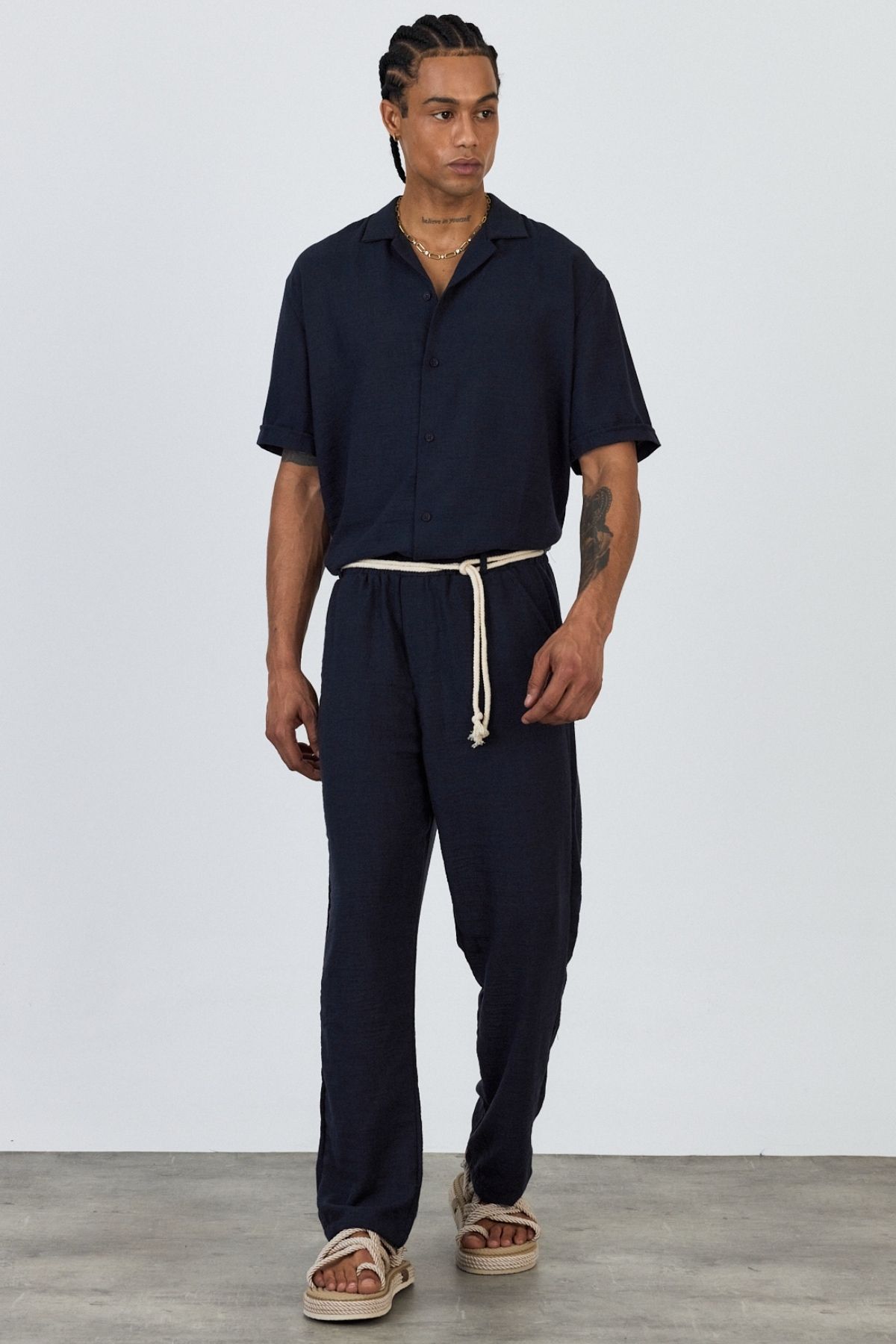 MADZEYMODA Premium Erkek Yazlık Rahat Kalıp Kısa Kol Gömlek & Pantolon Alt Üst Lacivert Keten Takım LS-5698