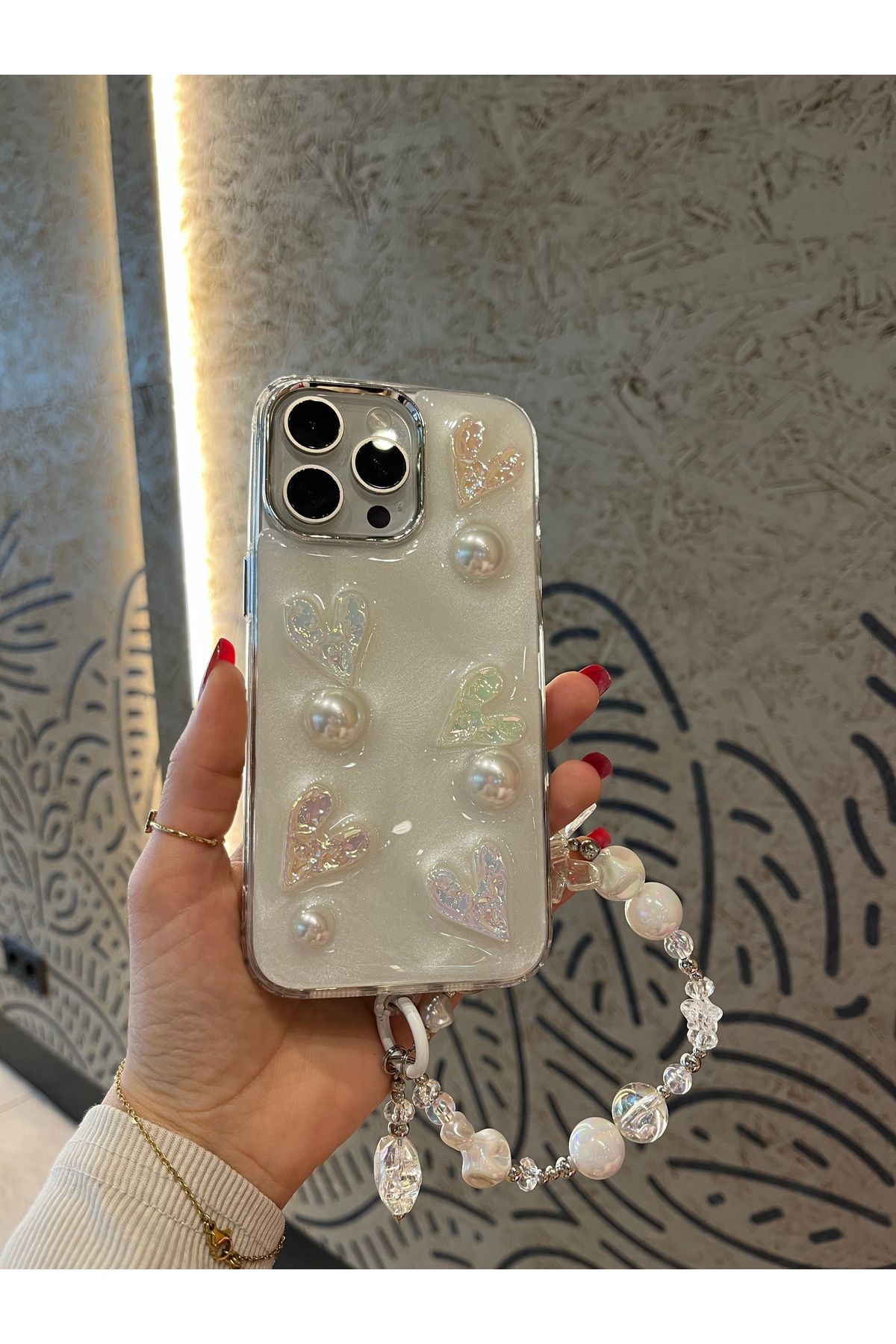 Mois Case İPhone 14 pro max Lux ışıltılı inci Charmlı Kalpli Kılıf