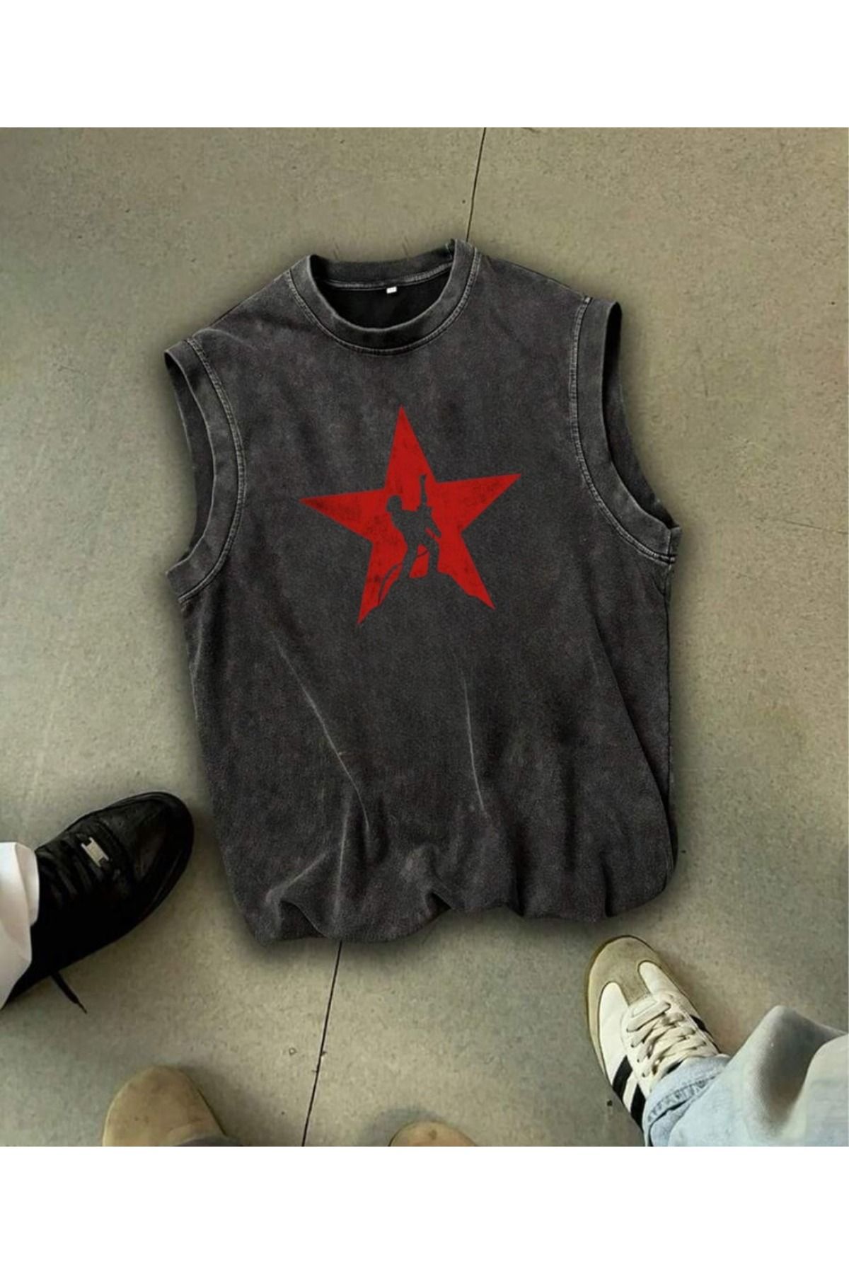 Touz Moda Red Star Kolsuz Atlet Bisiklet Yaka Yıkamalı Vintage Unisex Oversize T-Shirt