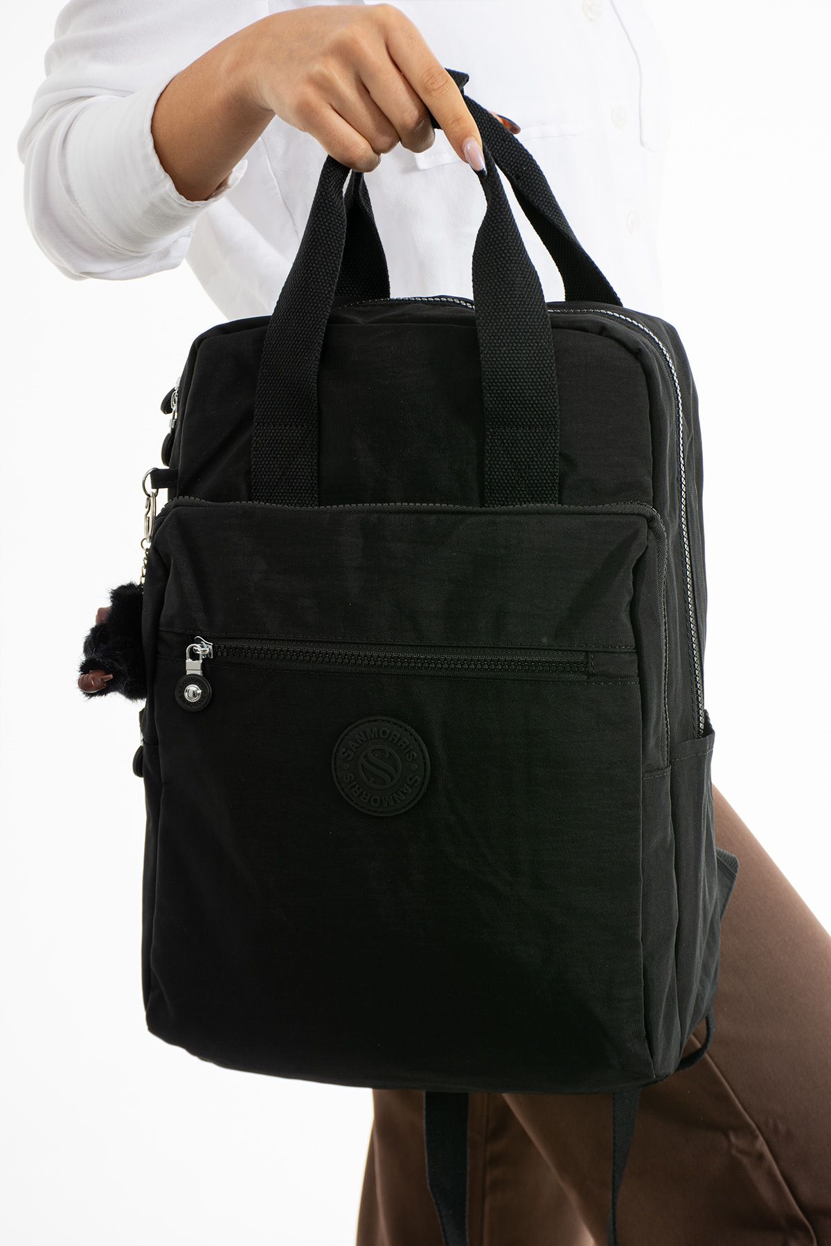 Sanmorris 3014 Unisex Suya Dayanıklı Krinkıl Kumaş Çok Gözlü Büyük Boy Laptop Okul Ve Sırt Çantası Siyah