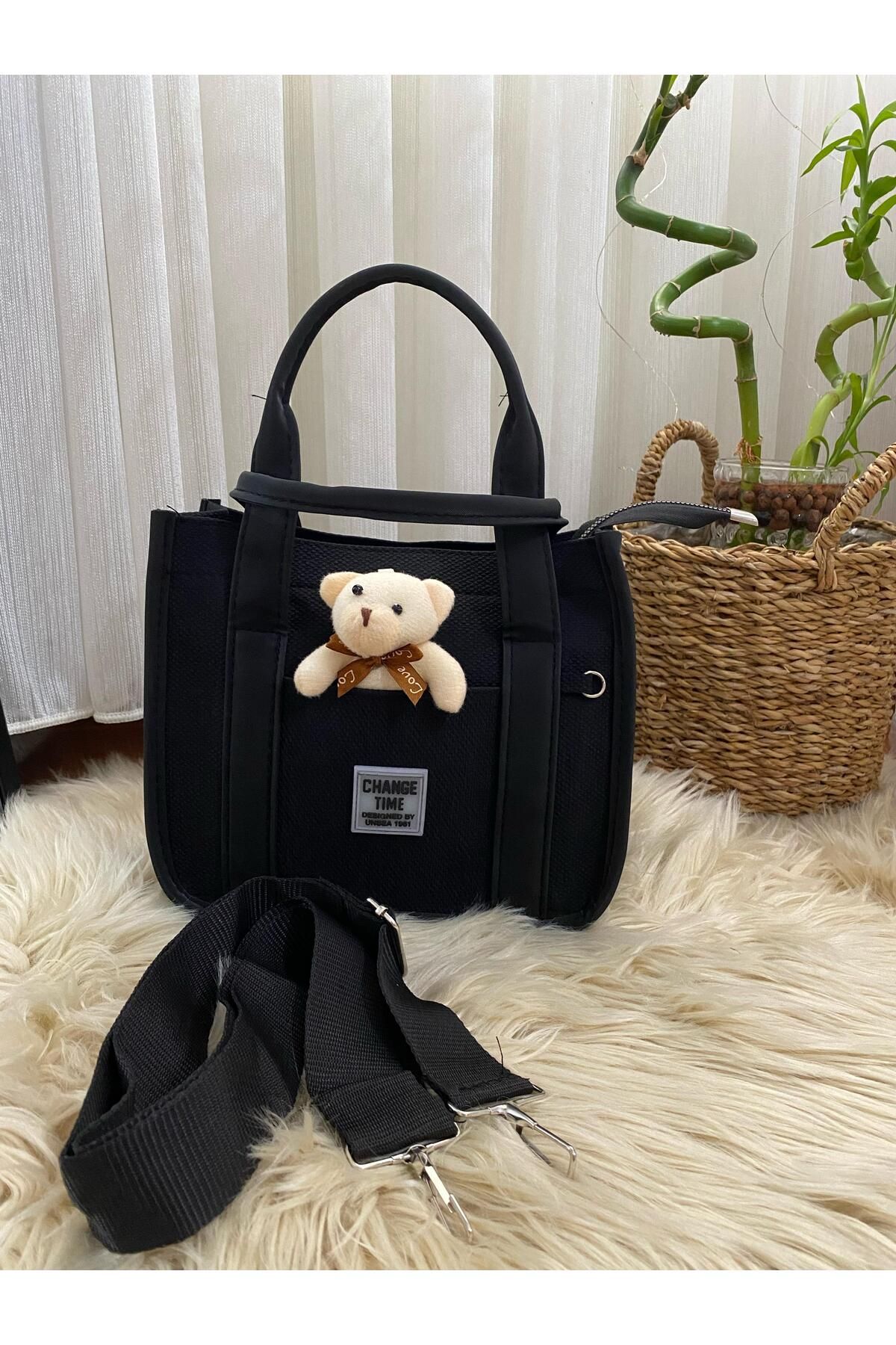 Liel Bags Peluş Oyuncak Detaylı Siyah Kadın Mini El ve Omuz Çantası – Kumaş Tasarım
