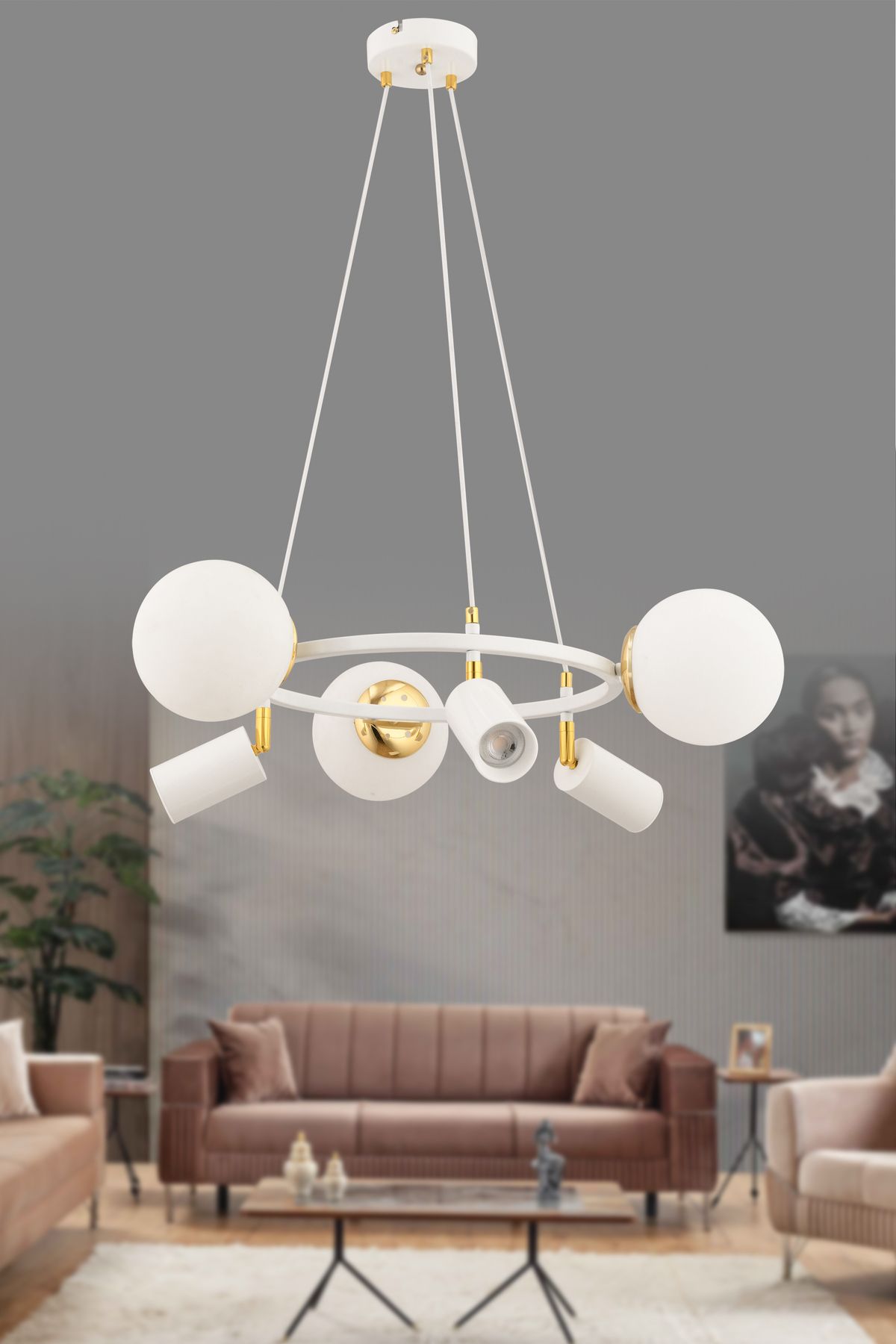 avimonaydınlatma RİNGA 6 LI CAMLI - SPOTLU BEYAZ - ALTIN RENKTE BEYAZ GLOB CAMLI SARKIT AVİZE Oturma Odası Salon