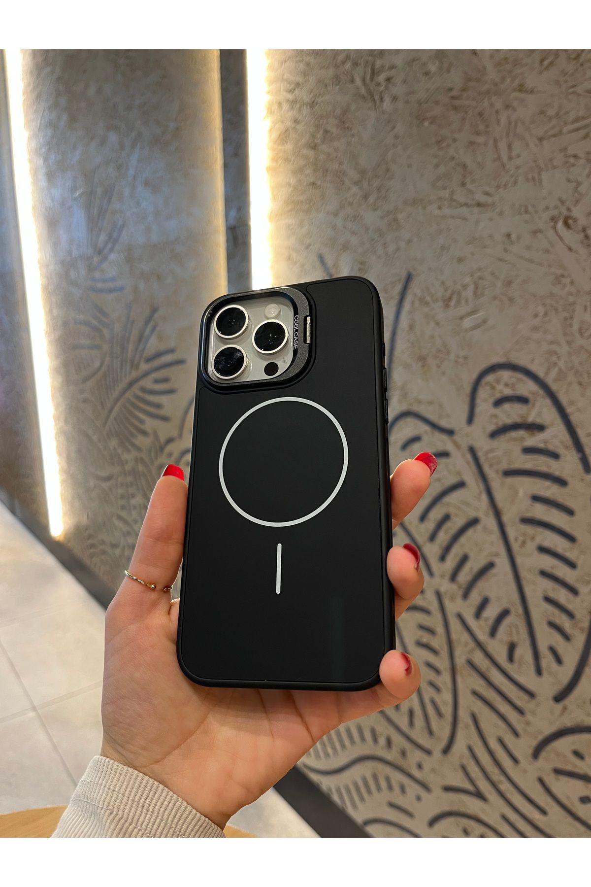 Mois Case İPhone 14 pro Max uyumlu ince Magsafe Çizgili Metal Kamera çerçeve Standlı kılıf