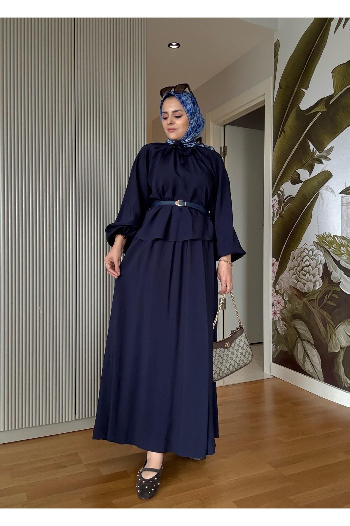 Aselim Hijap Moda Kemerli 3lü Bohem Detaylı Pamuklu Kumaş Etekli Yazlık Takım Lacivert