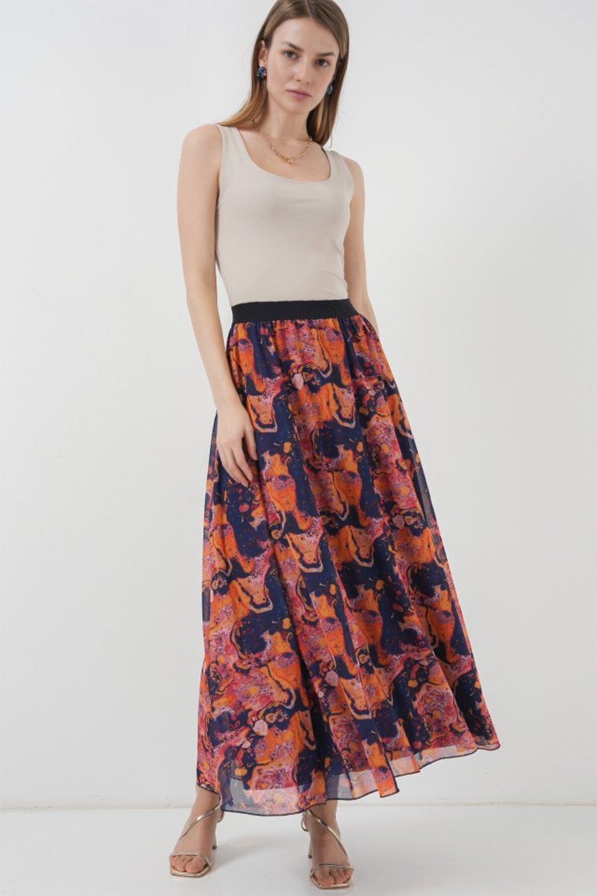 Kokosh moda 8032 Uzun Şifon Etek - Turuncu
