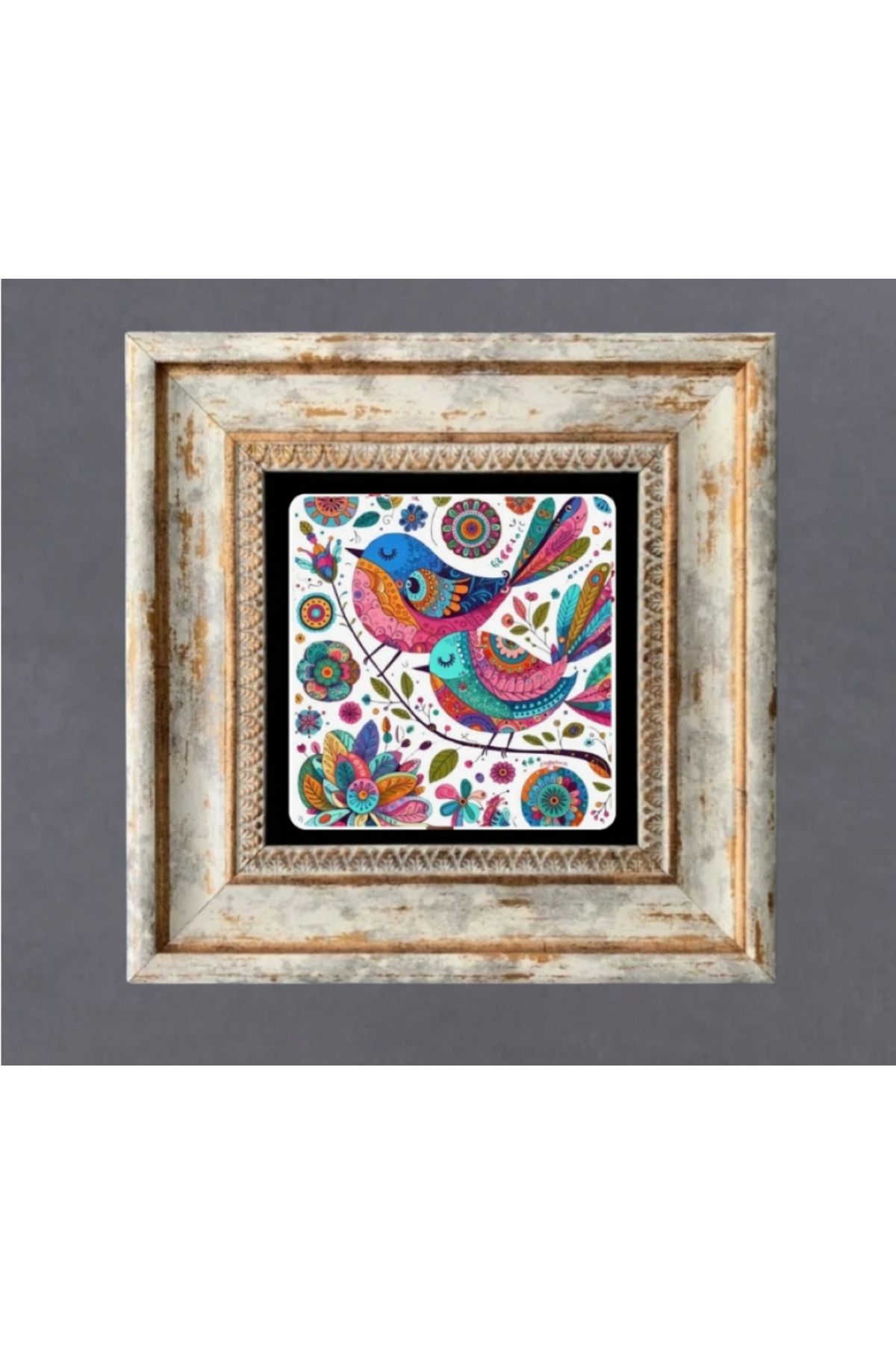 STONEVİVEART Doğal Taş Çerçeveli Tablo Kuşlar 20x20Cm Dekoratif Duvar Süsü