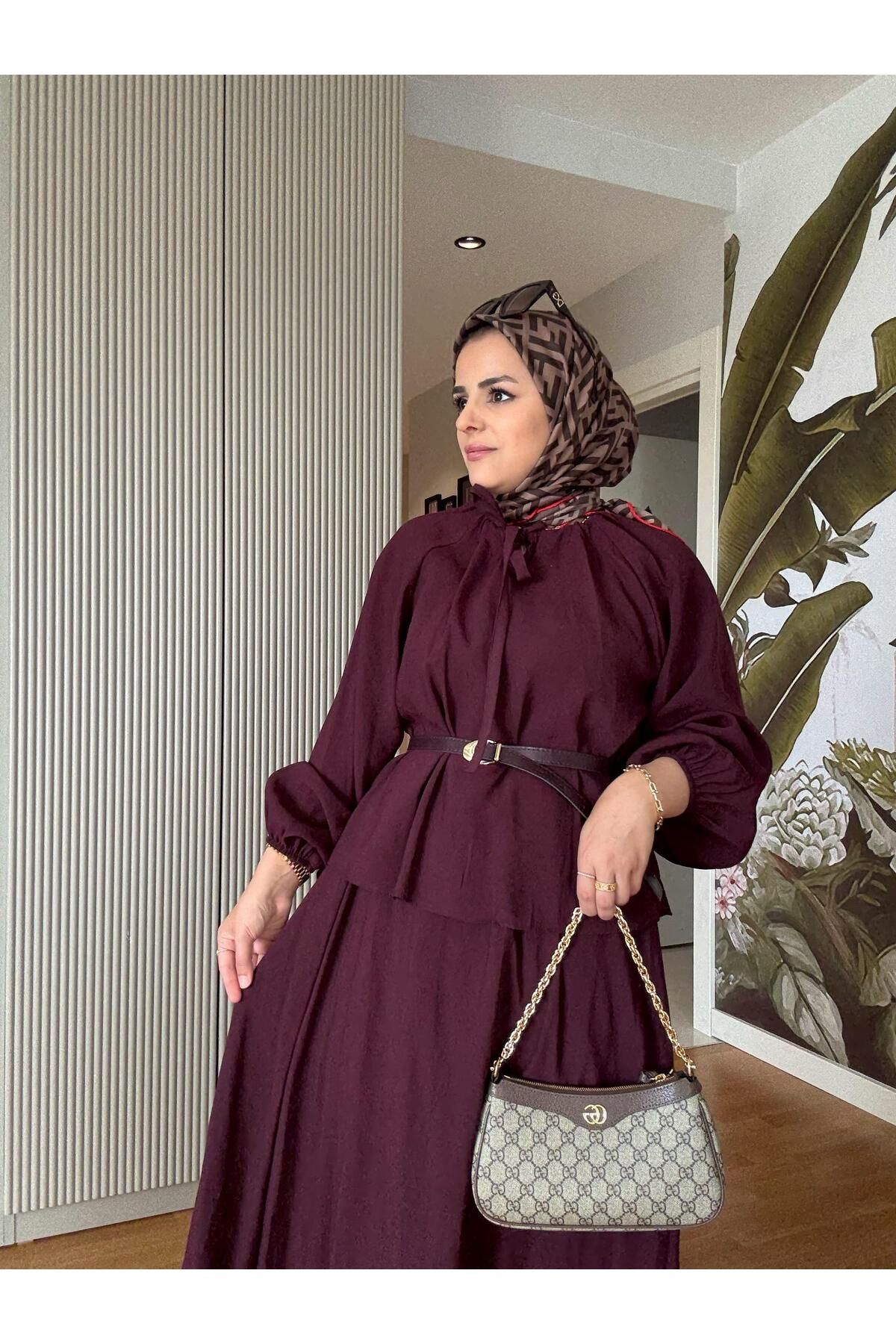 Aselim Hijap Moda Kemerli 3lü Bohem Detaylı Pamuklu Kumaş Etekli Yazlık Takım Bordo
