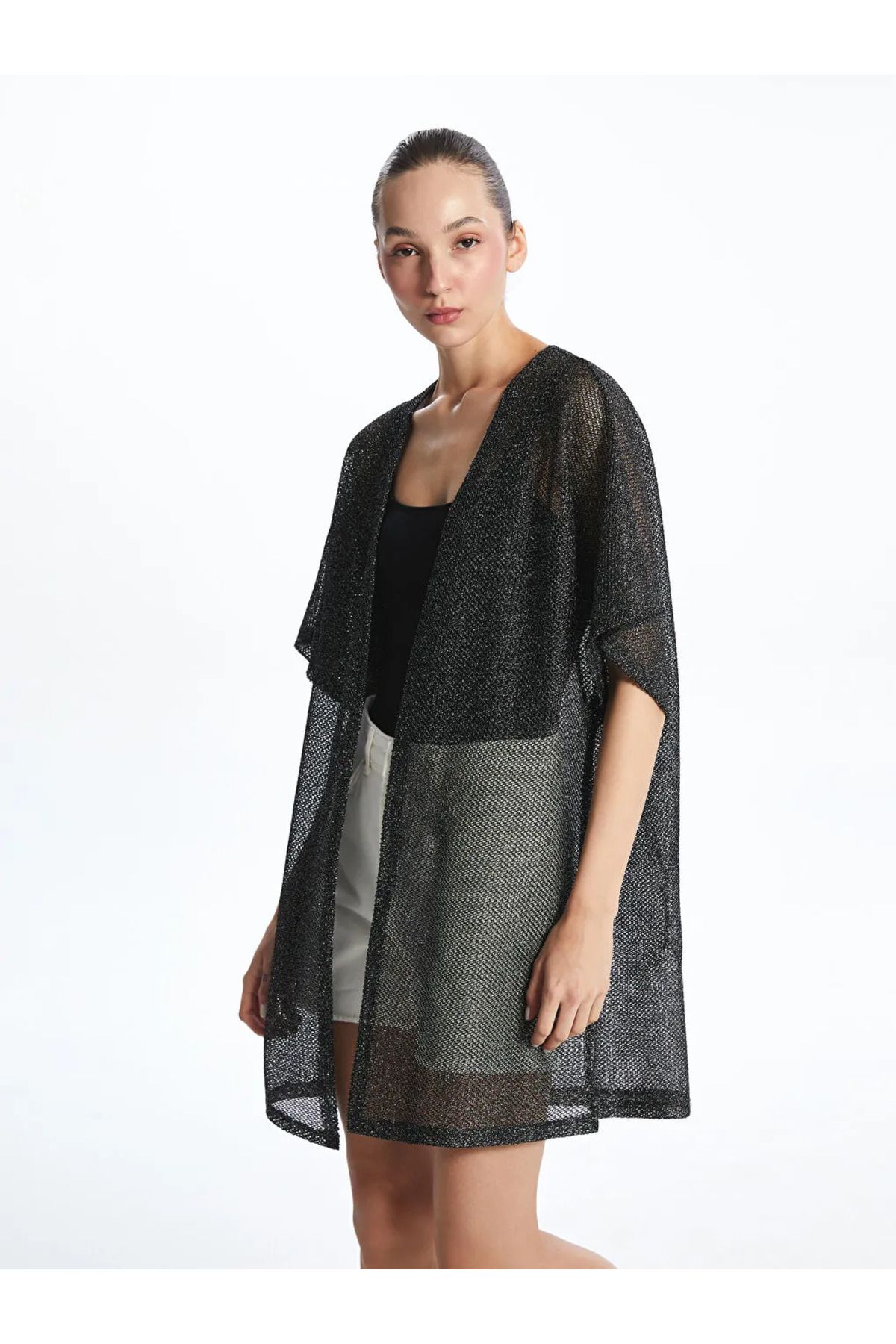 LC Waikiki LCW DREAM Siyah Şal Yaka Parlak Görünümlü Kadın Kimono