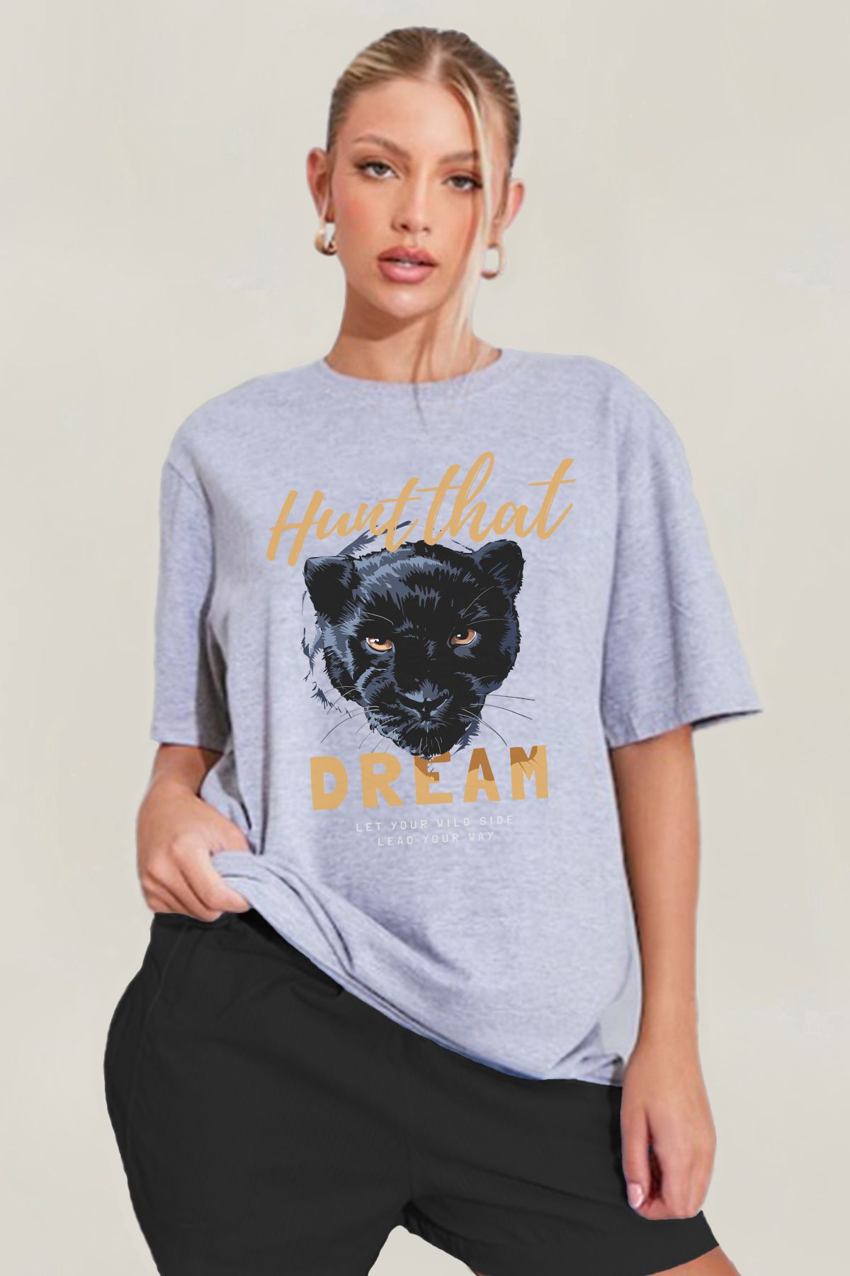 MODA Siyah Panter Baskılı Oversize Kalıp Grimelanj Geniş Bol Kesim Kadın Tişört