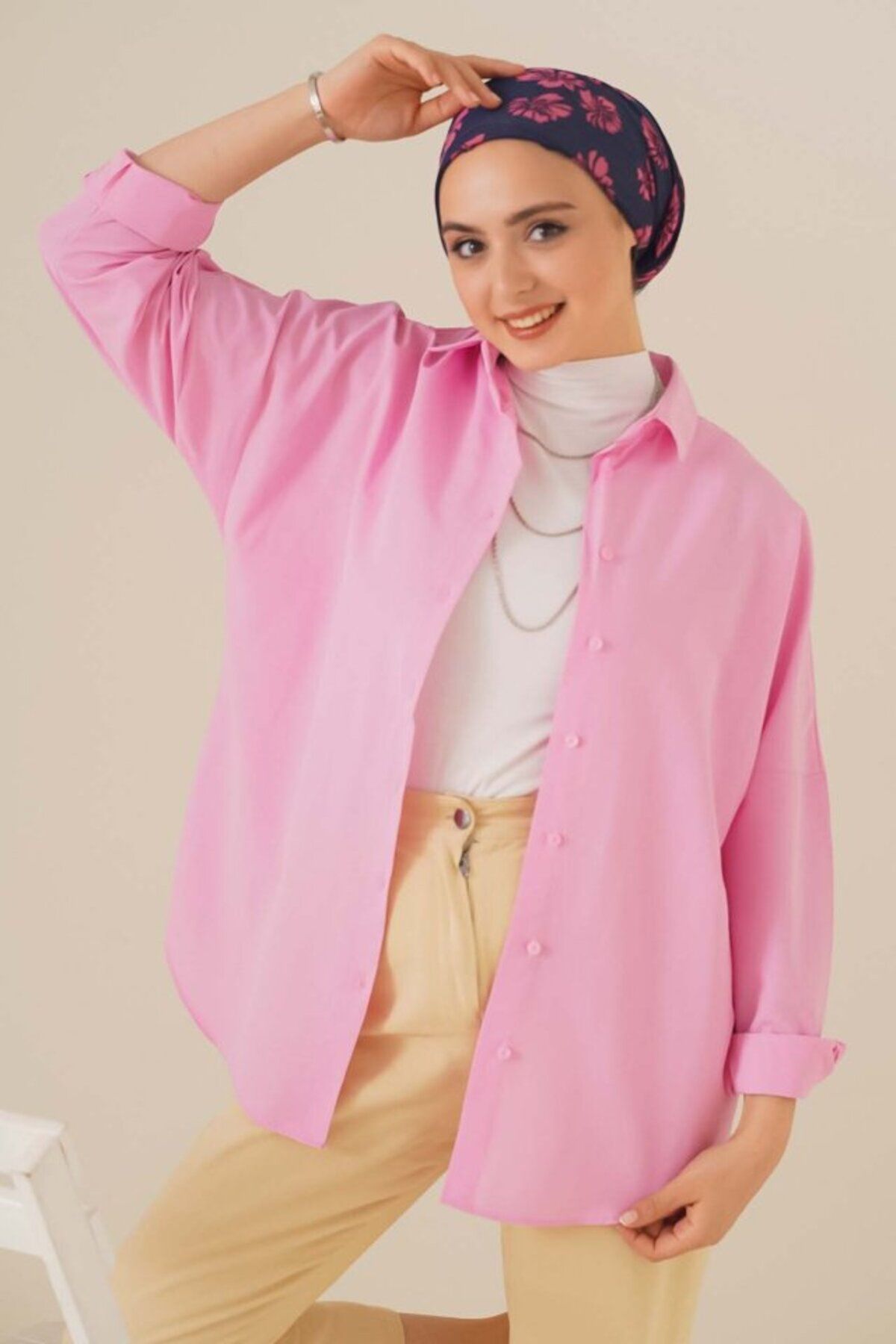Gökyüzü Moda 103901 Oversize Basic Tesettür Gömlek - Pembe
