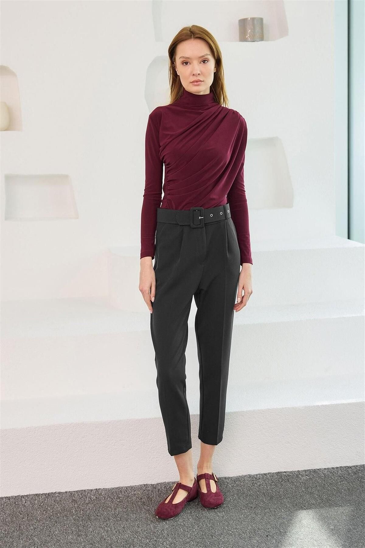 MODA 001 Kare Kemerli Dar Paça Pantolon