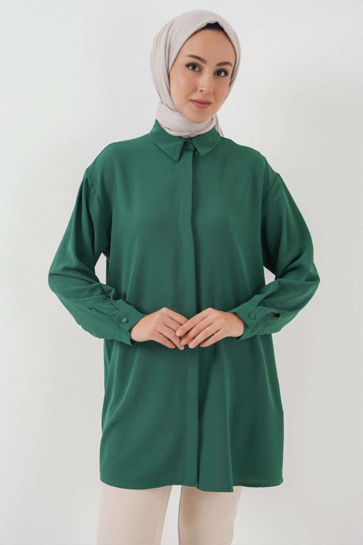 Gökyüzü Moda Uzun Gömlek Tunik 5945 - Zümrüt Yeşili