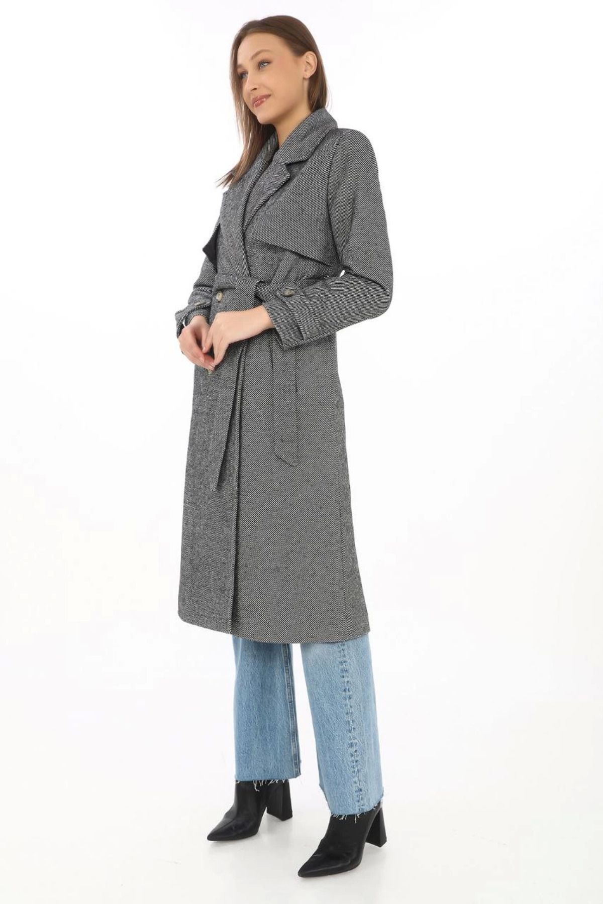 Pink Stil Kadın Balık Sırtı Kaşmir Uzun Kaşe Kaban - Boyalı Gri Pink Stil