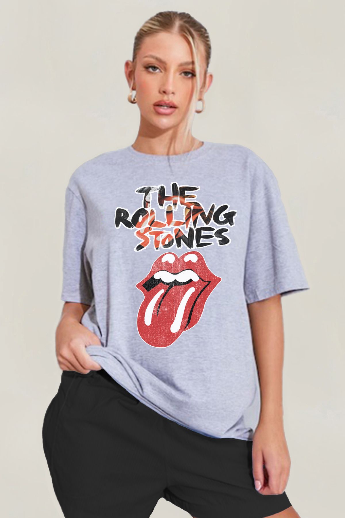MODA The Rolling Stones Baskılı Oversize Kalıp Grimelanj Geniş Bol Kesim Kadın Tişört