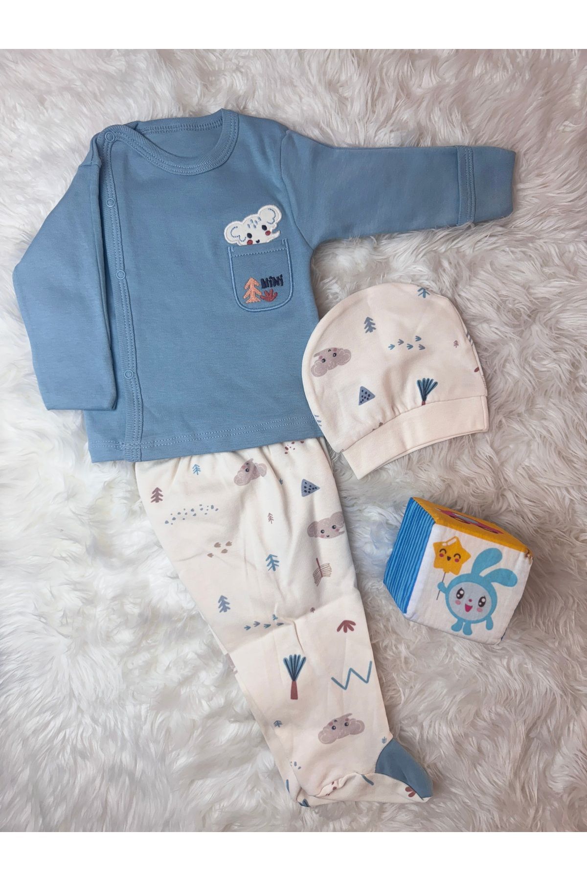 Babycan 🧸 3’lü Yenidoğan Bebek Takımı – Mavi Koala Nakışlı / %100 Pamuk