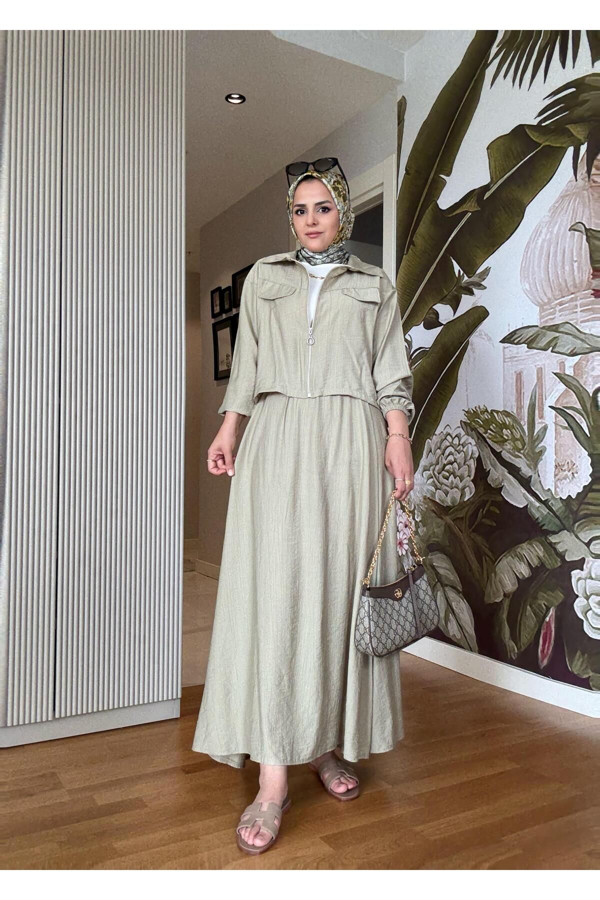 Aselim Hijap Moda Çilek Keten Fermuarlı Kadın Etekli Yazlık İkili Takım - Açıkyeşil