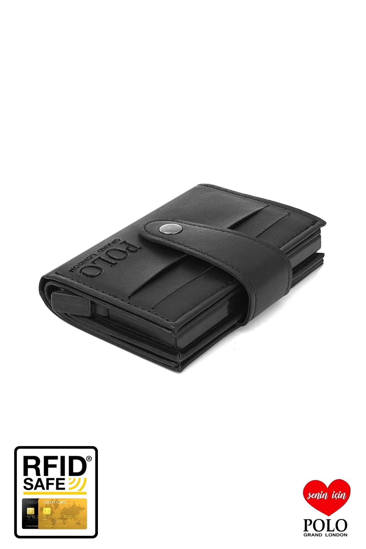 POLOGRAND London Orijinal RFID Korumalı 8 Kartlıklı Kağıt Para Bölmeli Çıtçıtlı Yumuşak Deri Mini Şık Kartlık Cüzdan