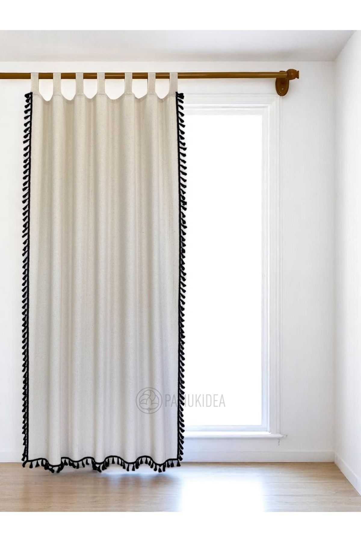 pamukidea-Biritli Black Pompom - Tasseled 100% Cotton Buldan Linen Rustic Curtain - Single Wing - (En X Size) 5