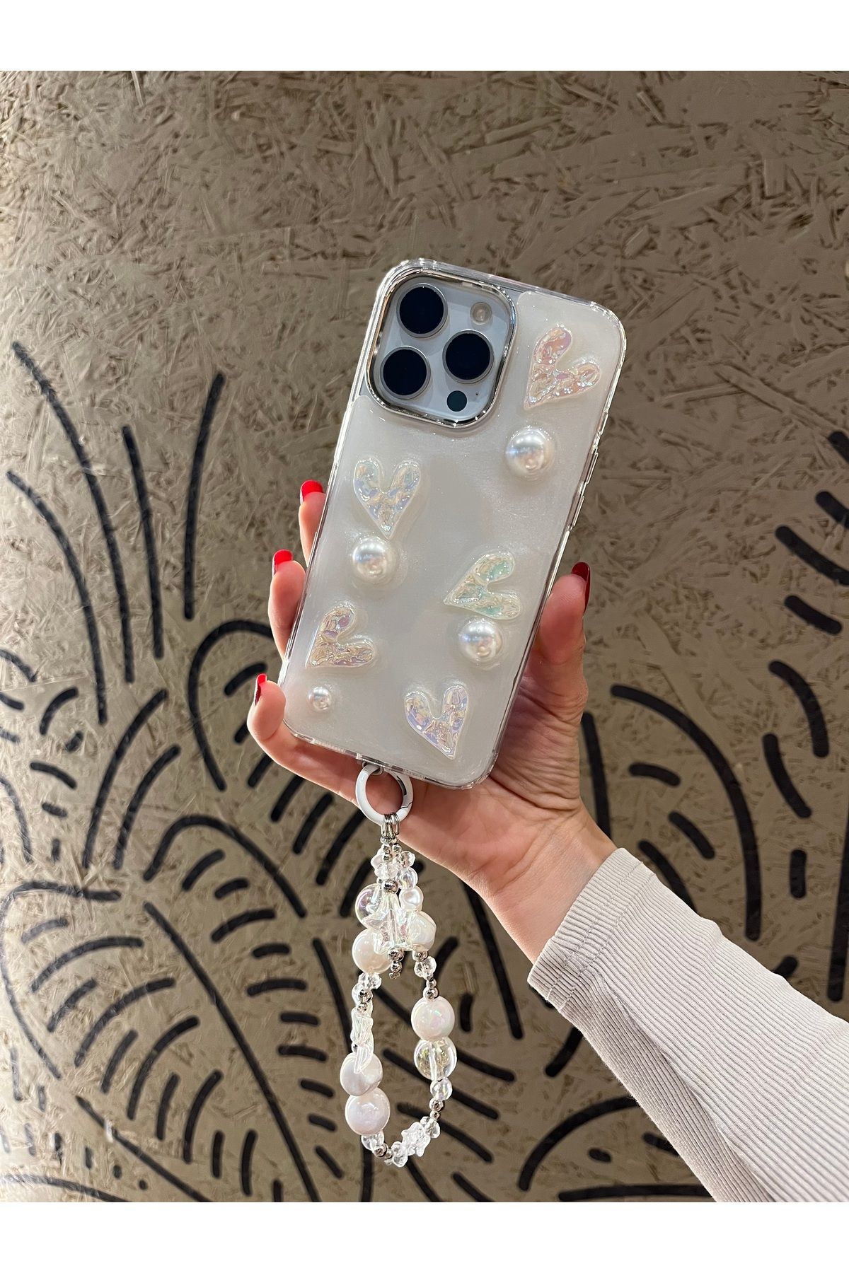 Mois Case İPhone 15 pro Max Lüx ışıltılı inci Charmlı Kalpli kılıf