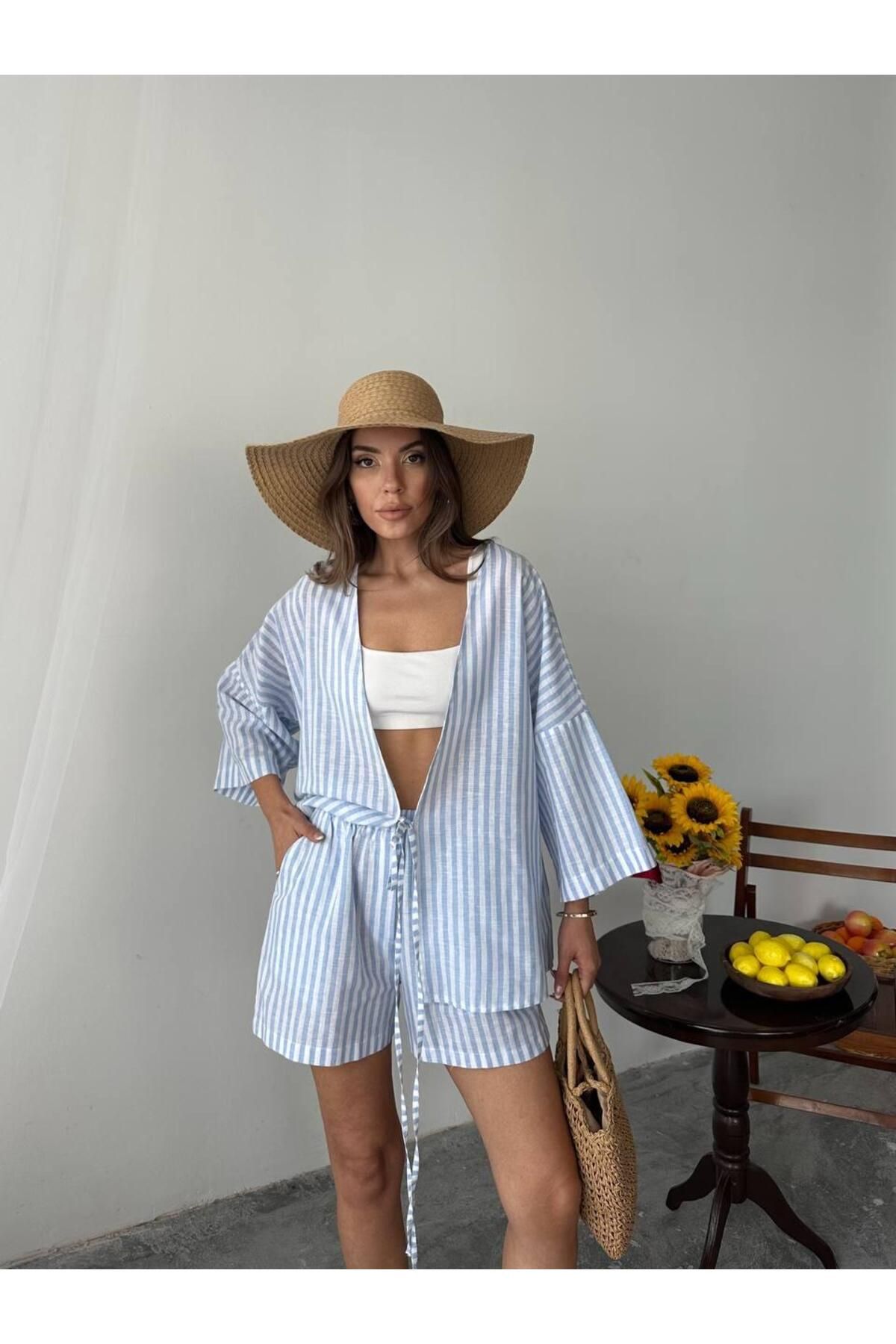 LOSHORA Yazlık Keten Takım Şortlu Çizgili Kimono Set