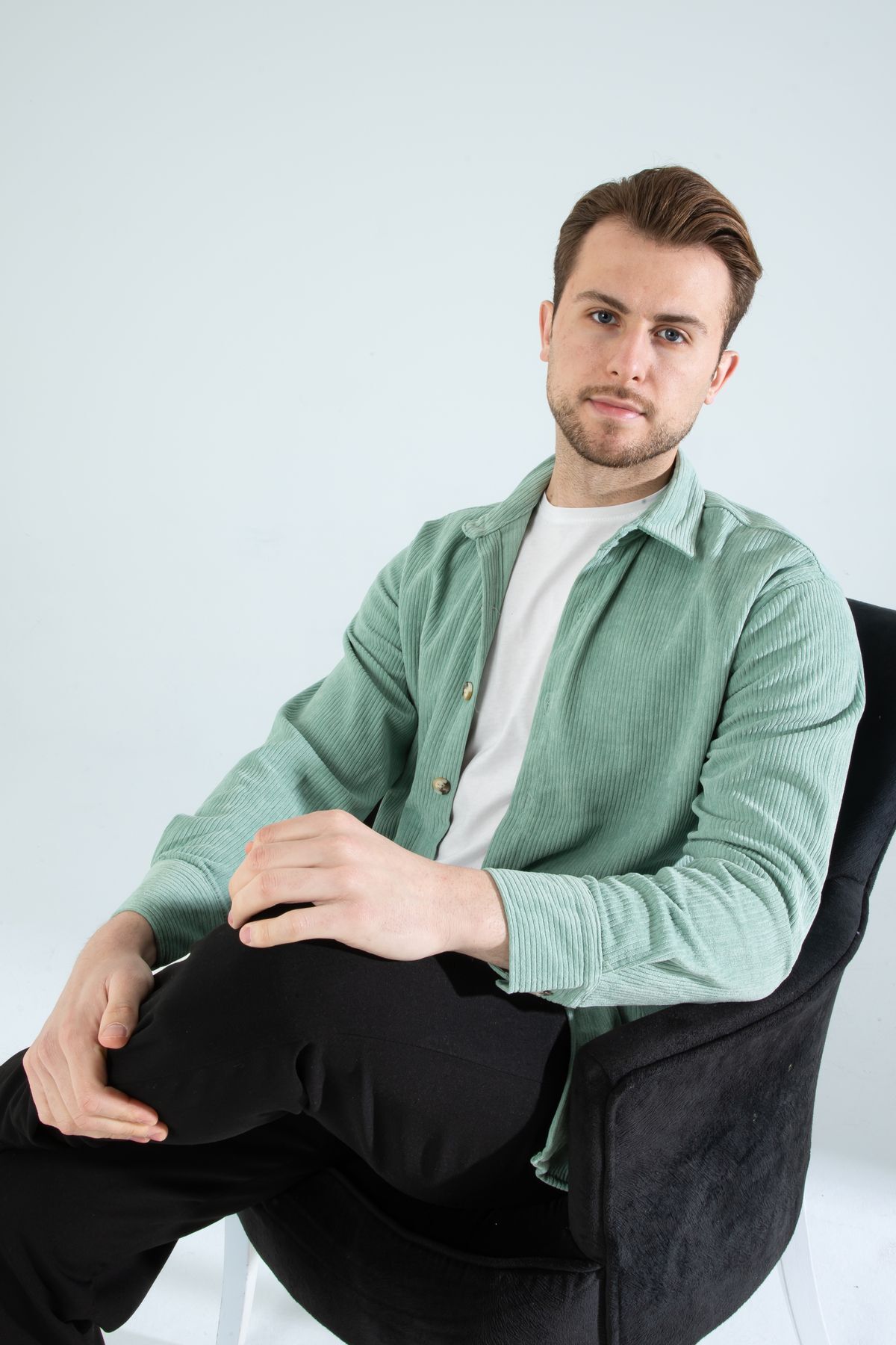 Men's Shirt Cotton Velvet Ribbed Soft Comfortable Long Sleeve Green Men's Shirt