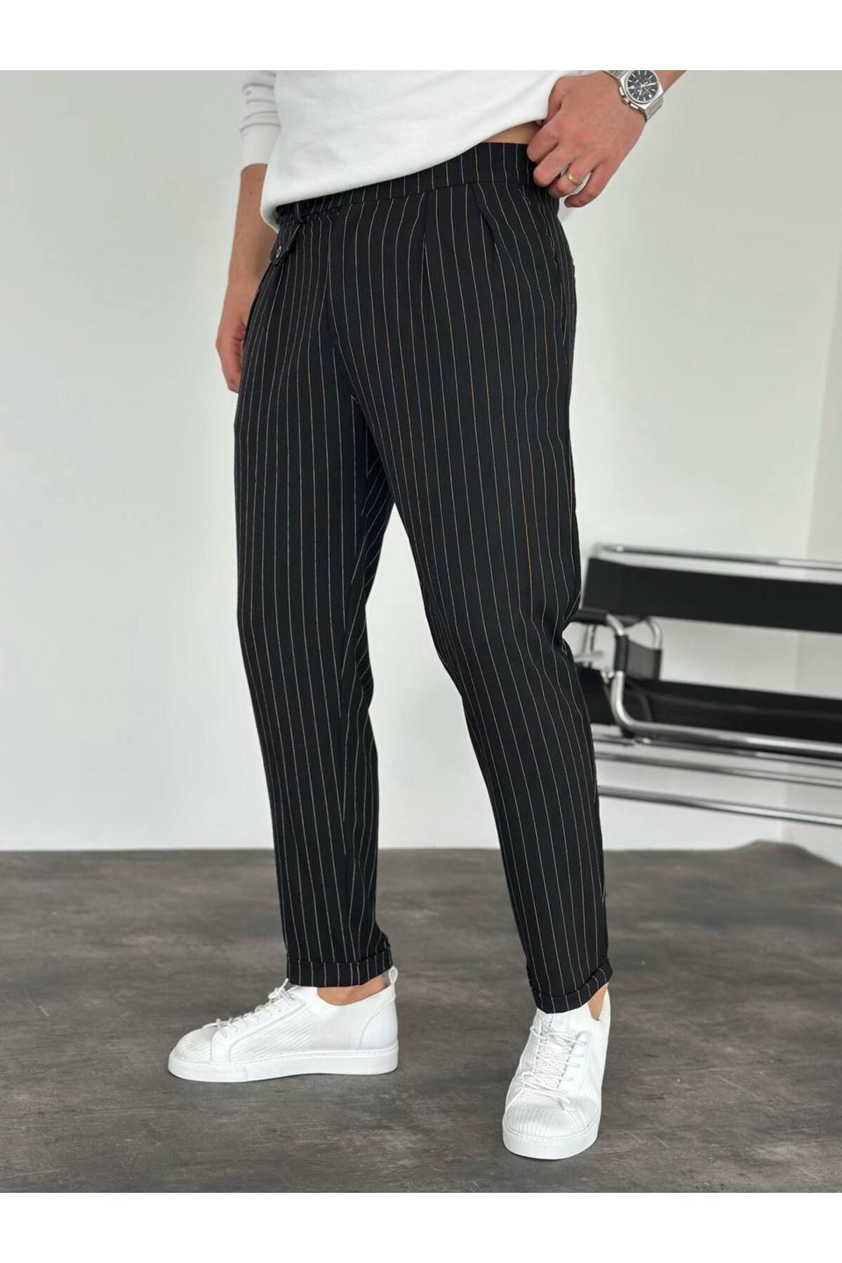 KHAYN ERKEK İTALYAN KESİM ÇİZGİLİ DUBLE PAÇA PİLELİ BEL DETAYLI KUMAŞ PANTALON K2044KP